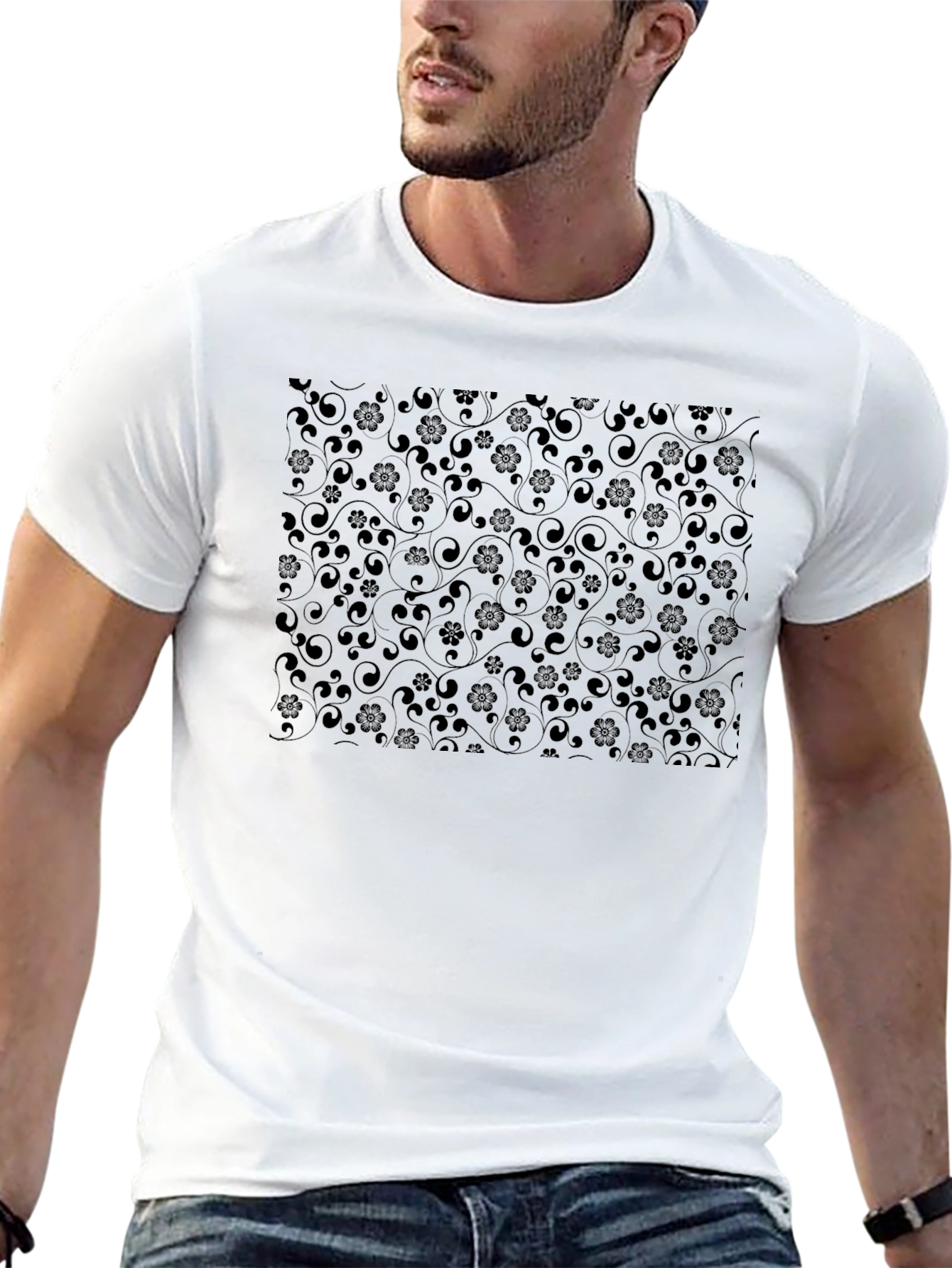 Elegant Black Floral Patterned Crew Neck T-Shirt