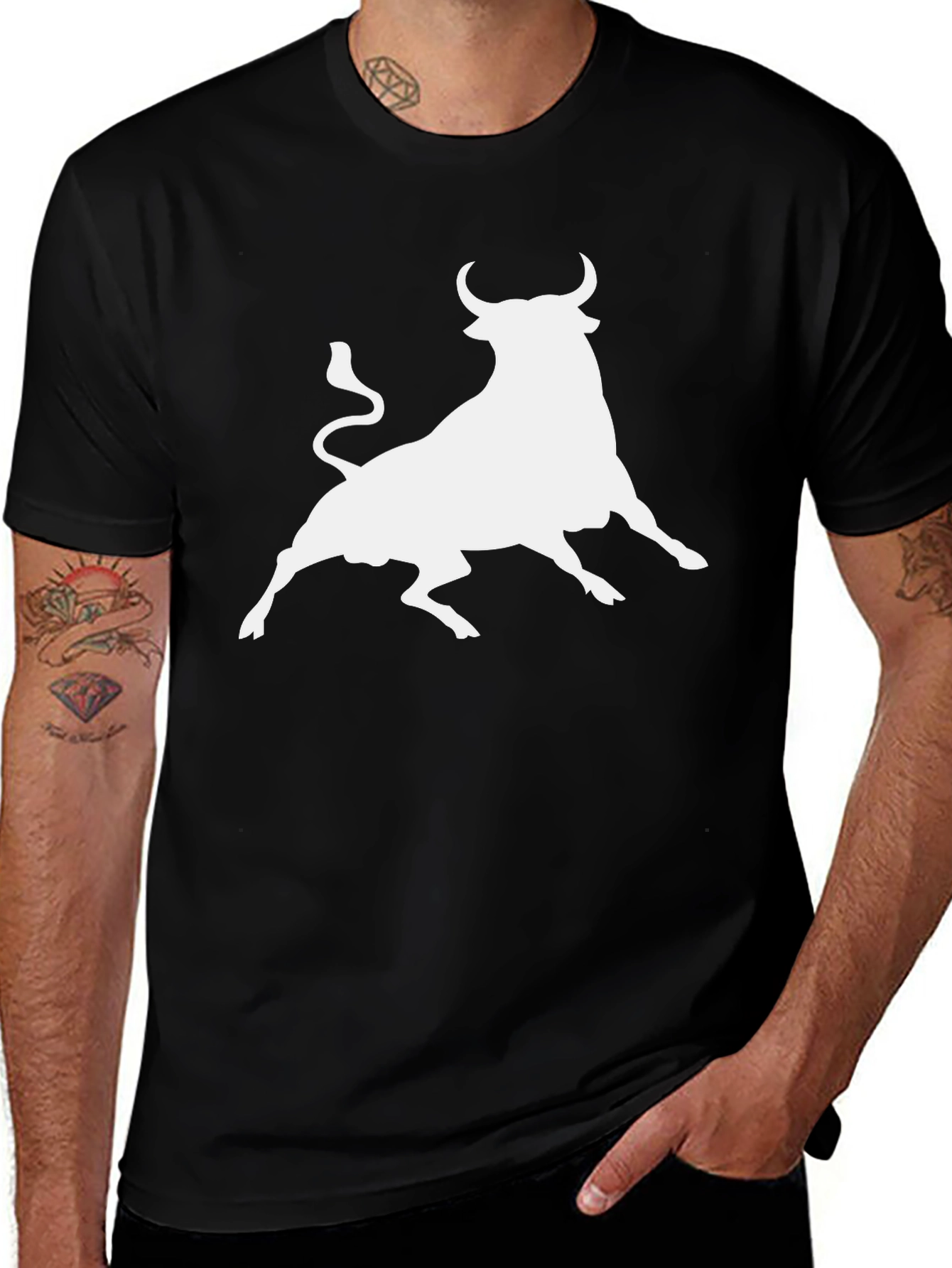 Black T-Shirt with White Bull Graphic