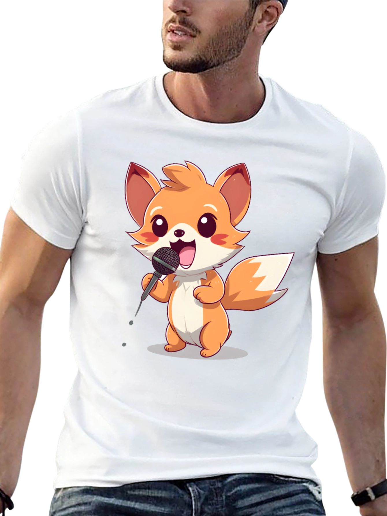 Cartoon Fox Singer Black T-Shirt
