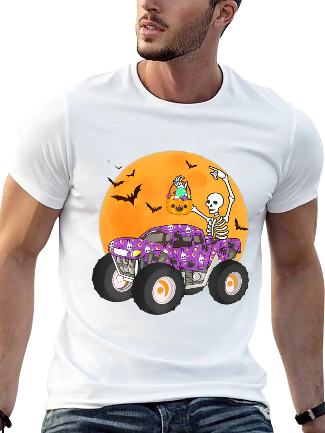 Halloween Monster Truck Tee - Skeleton Bats & Candy!