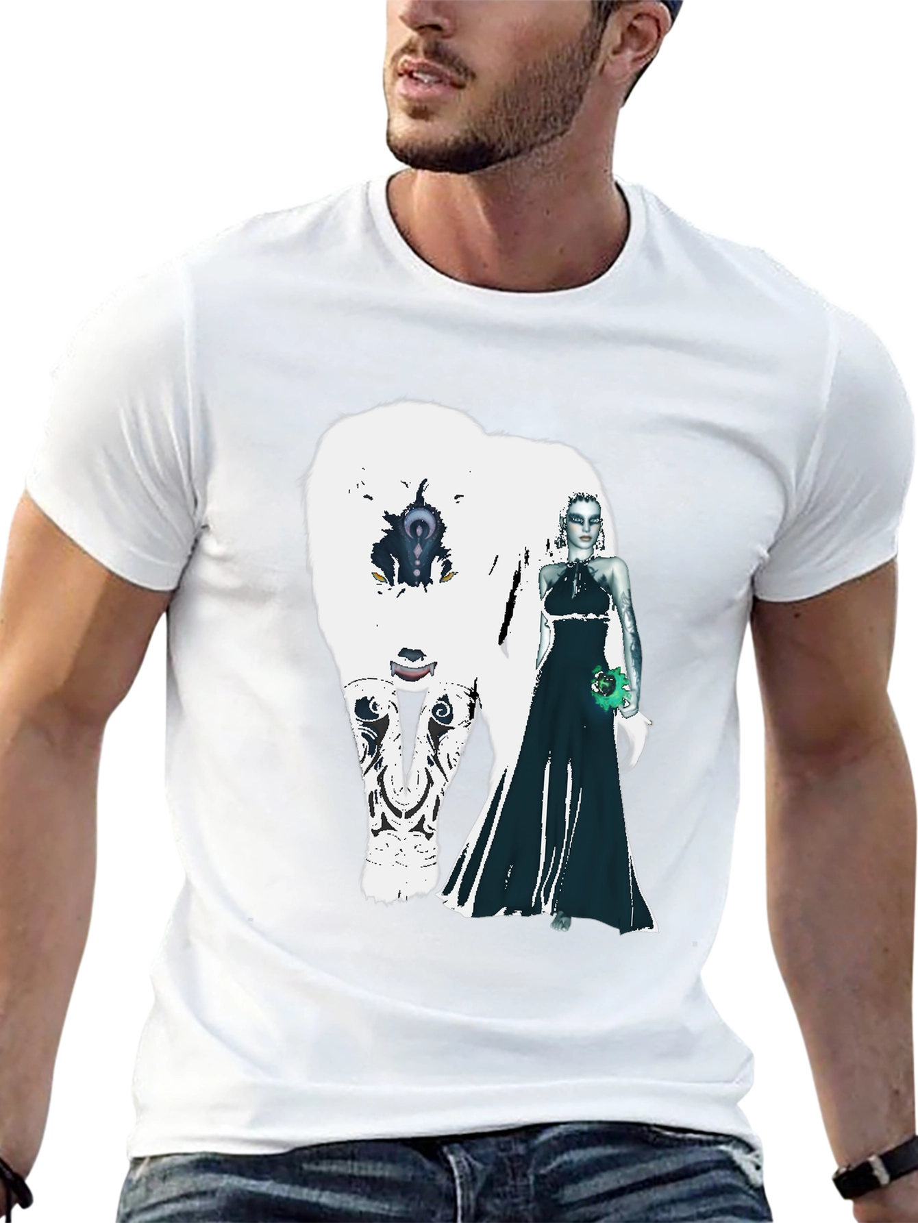 Black T-Shirt with White Bear and Woman Graphic