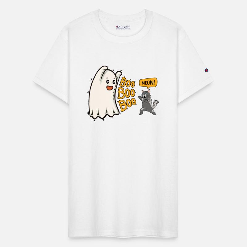 Boo! Funny Halloween ghost with fighting cat