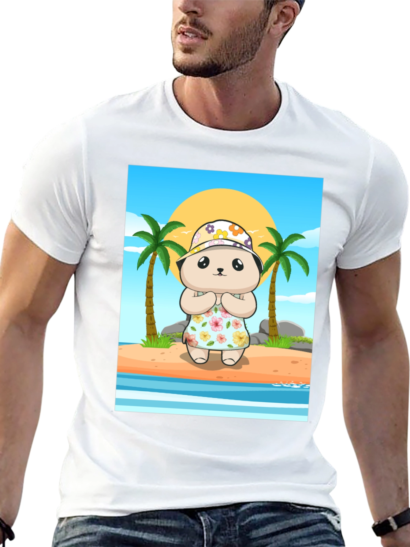Cartoon Bear Graphic Tee - Summer Beach Vibes