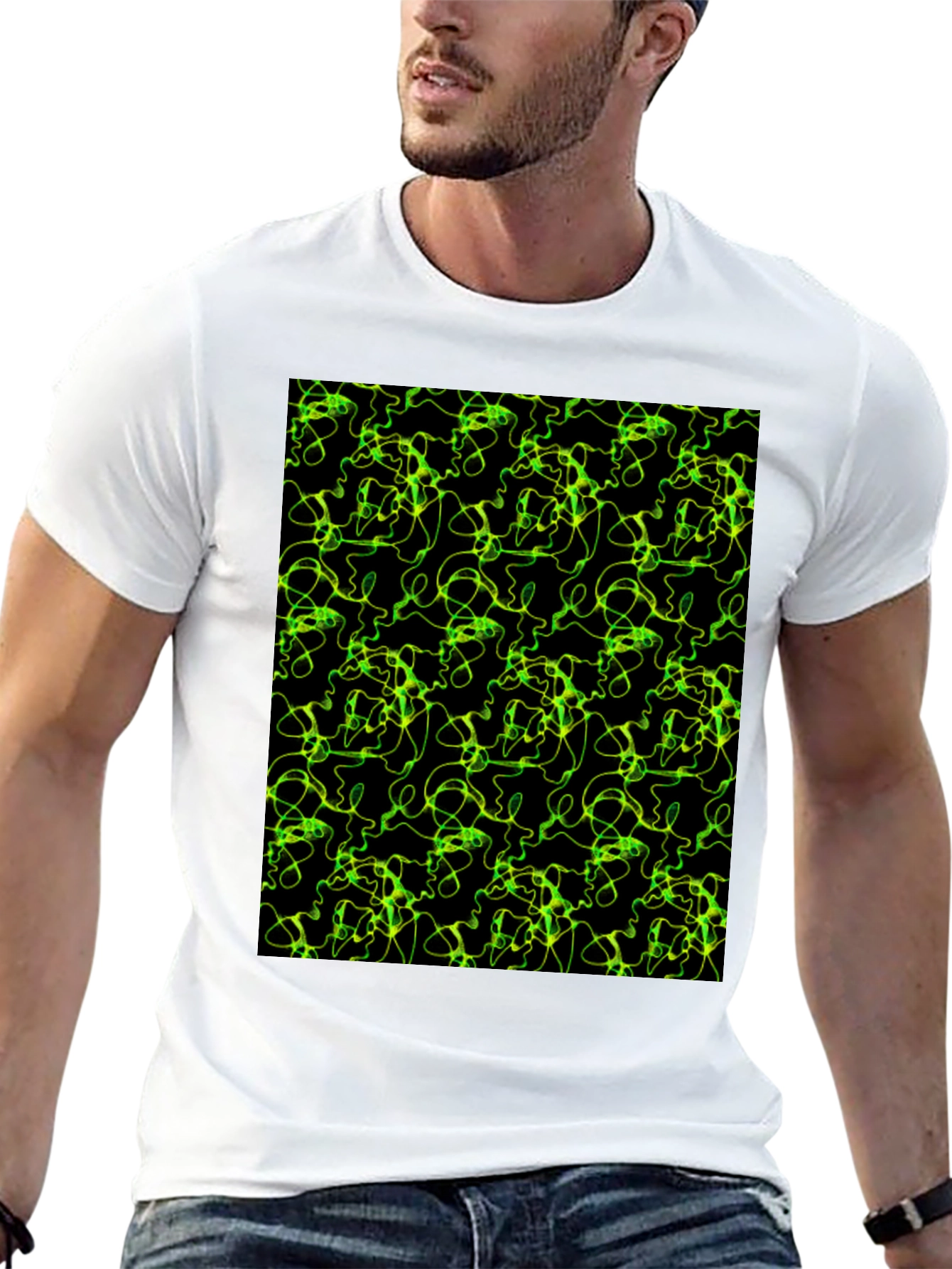 Abstract Green Line Pattern Black T-Shirt