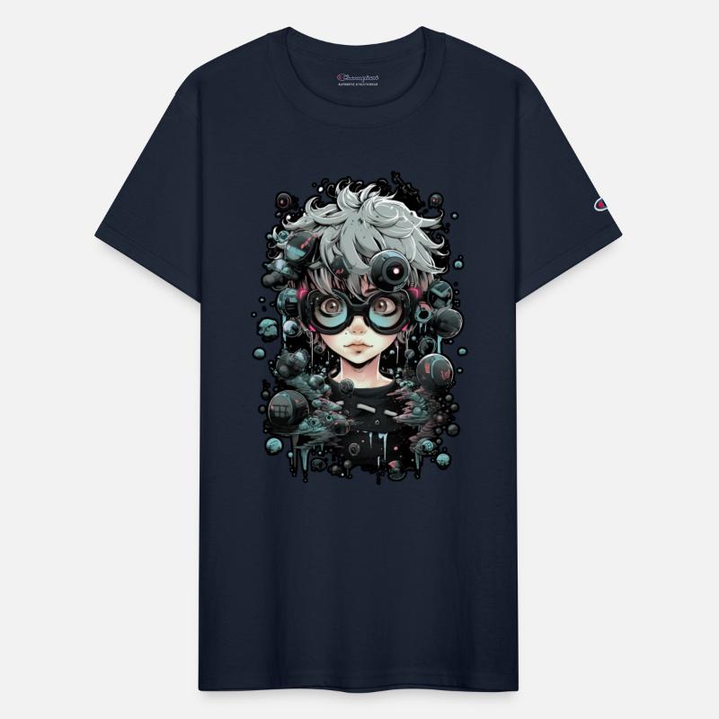 Cyber cute girl with glasses, manga, grey hair,