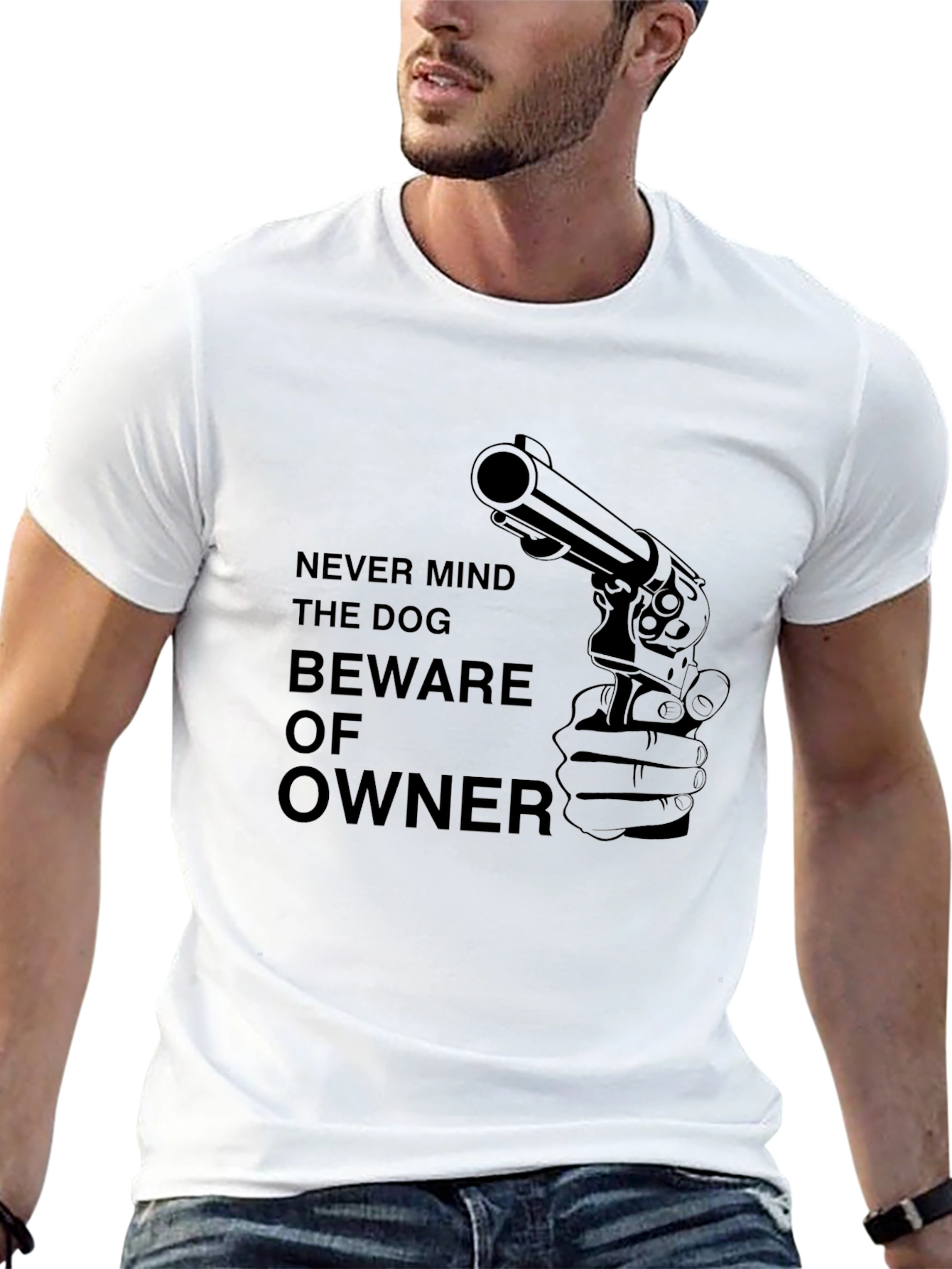 Beware Owner Gun Graphic Tee - Black Cotton T-Shirt