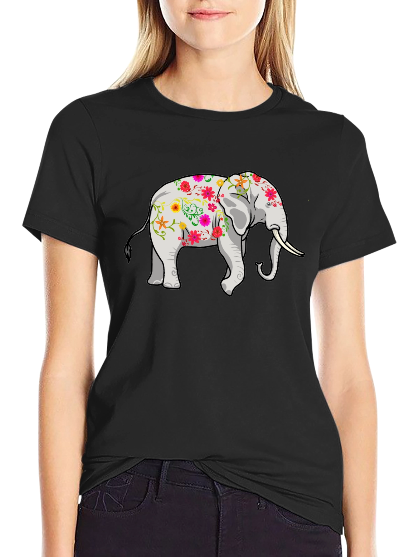 Floral Elephant Graphic Print T-Shirt