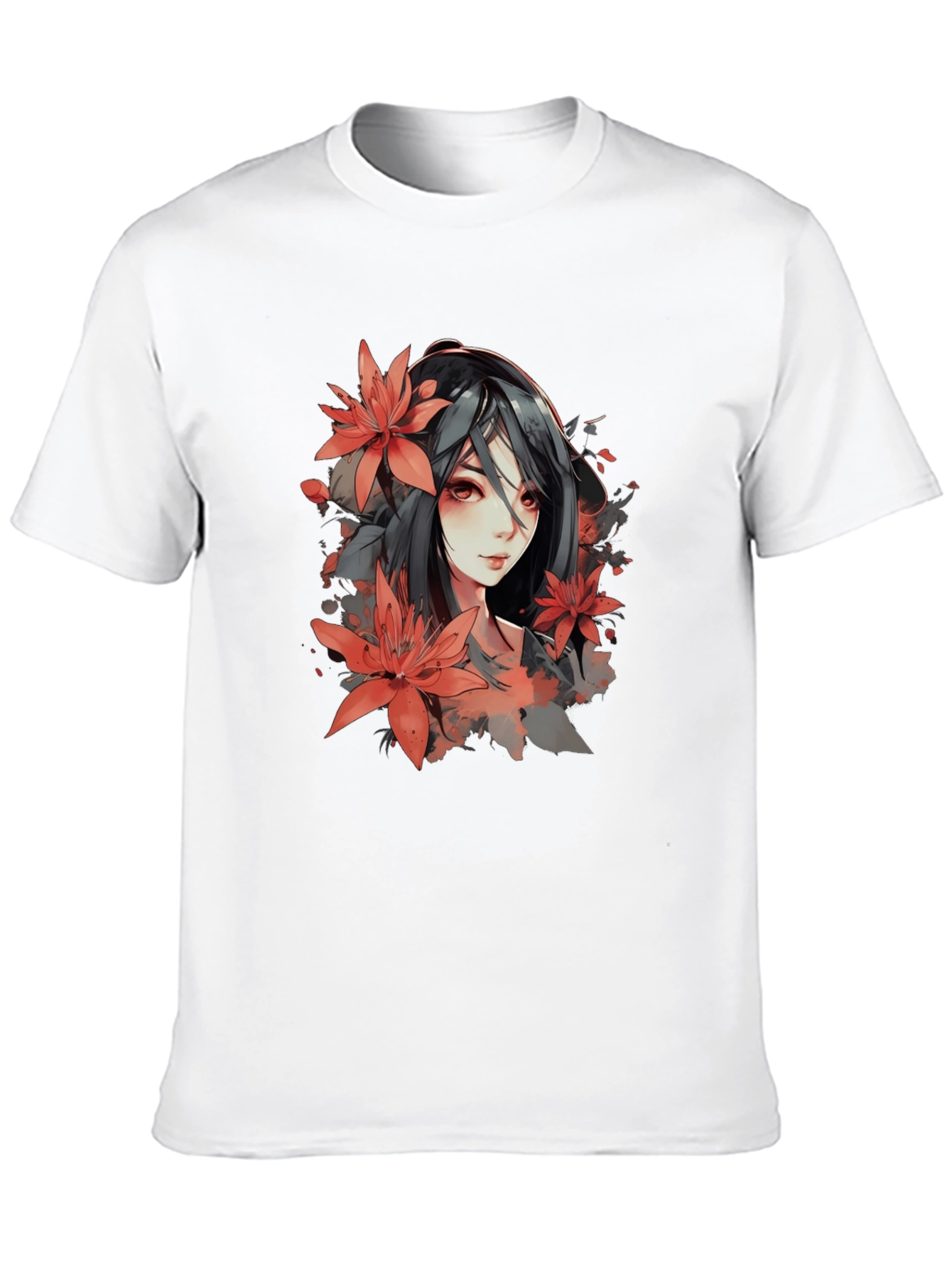 Anime Girl & Floral Black T-Shirt
