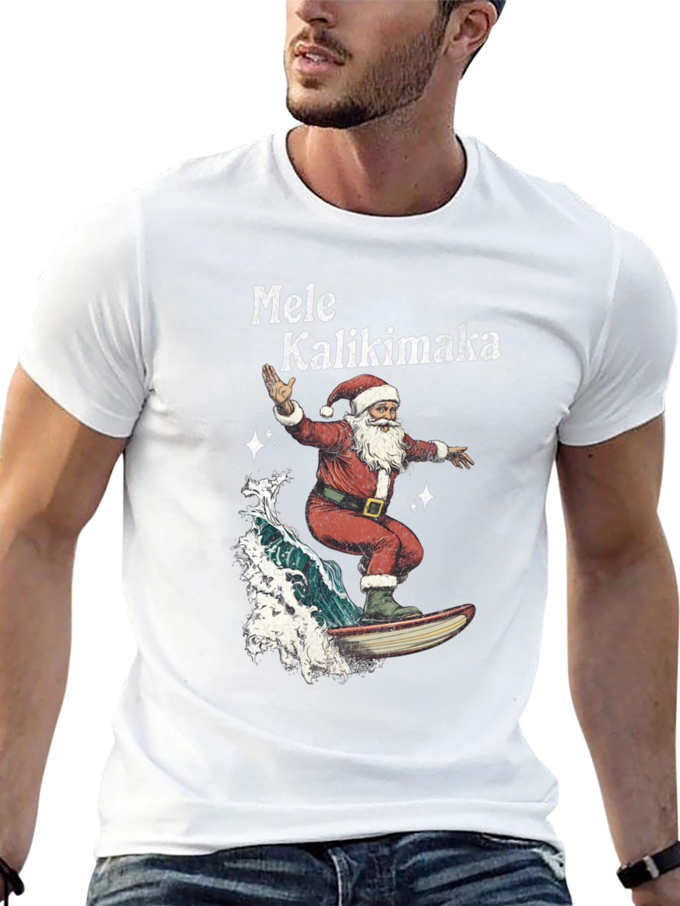 Surfing Santa Mele Kalikimaka Black T-Shirt