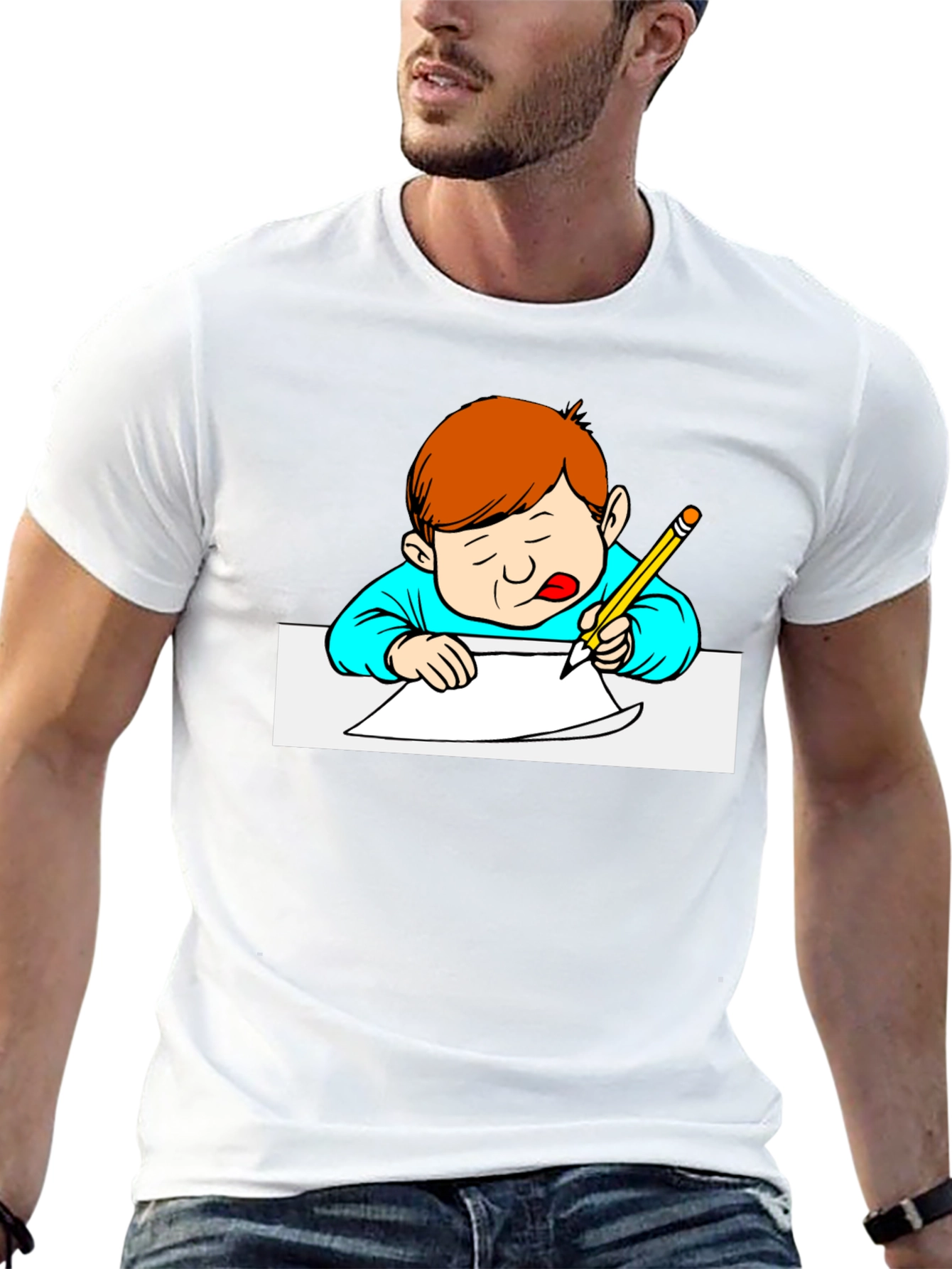 Cartoon Kid Writing Black T-Shirt