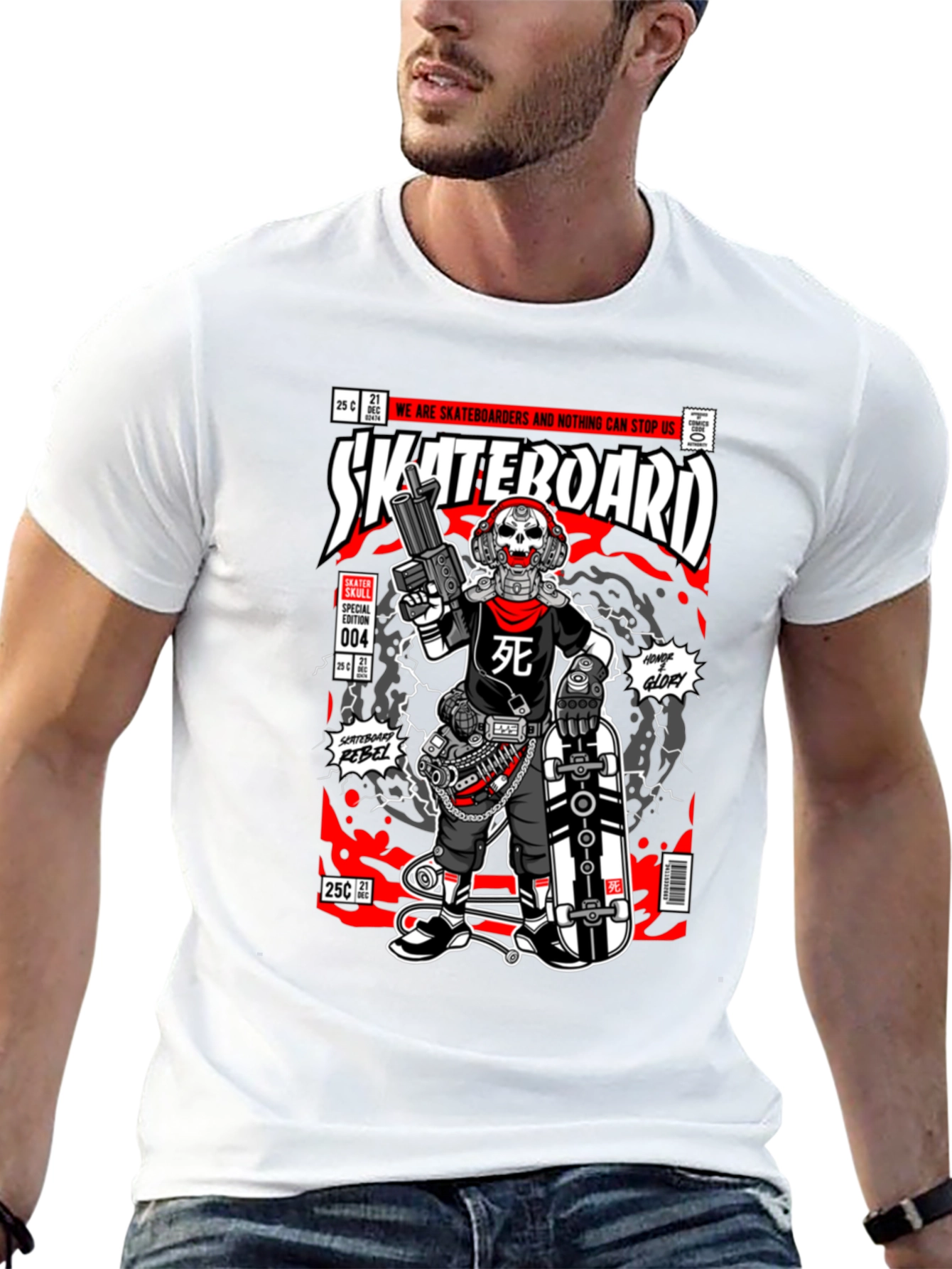 Skateboard Skull Comic Graphic Tee