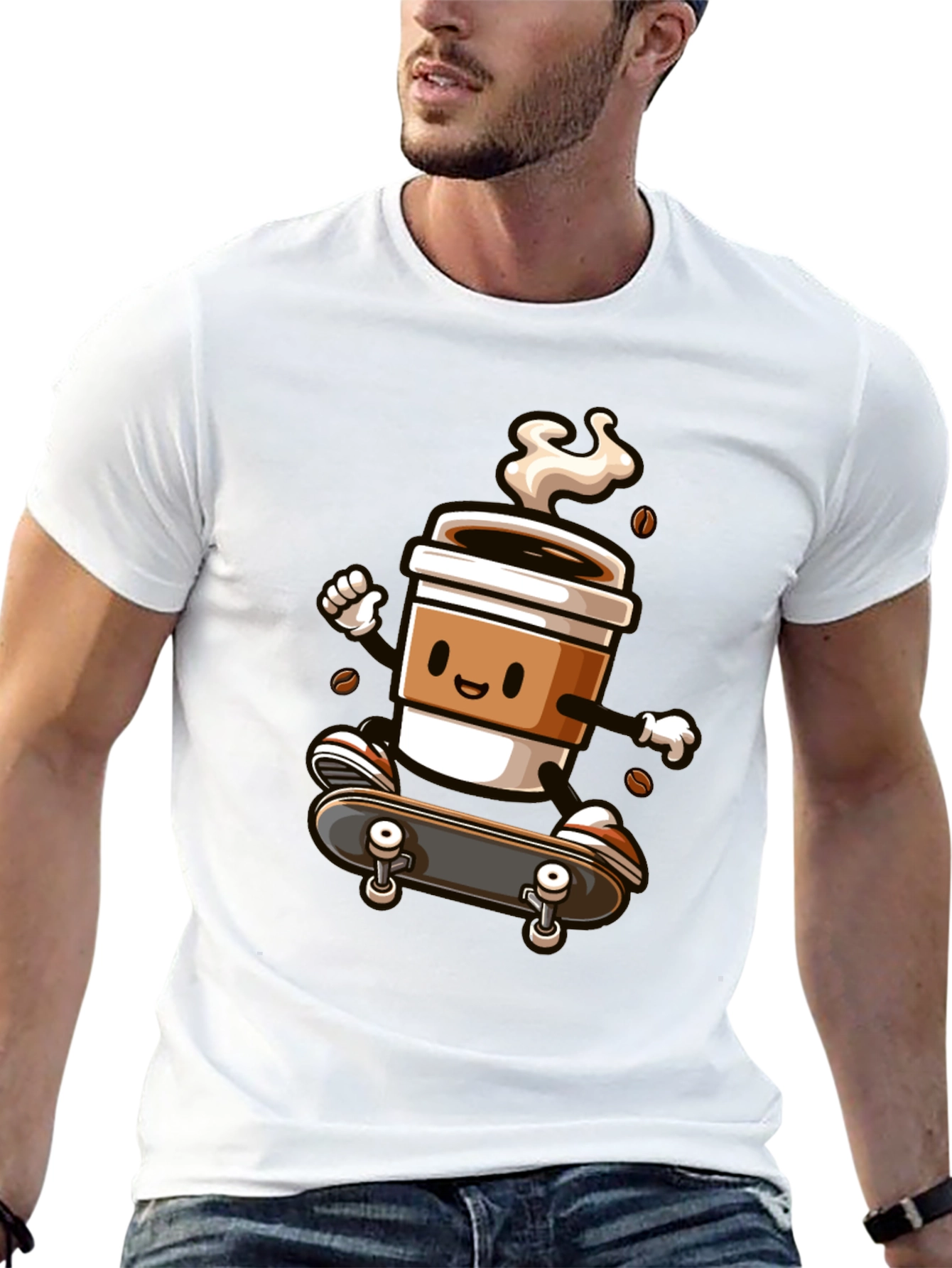 Skateboarding Coffee Cup Graphic Tee - Black Cotton Shirt
