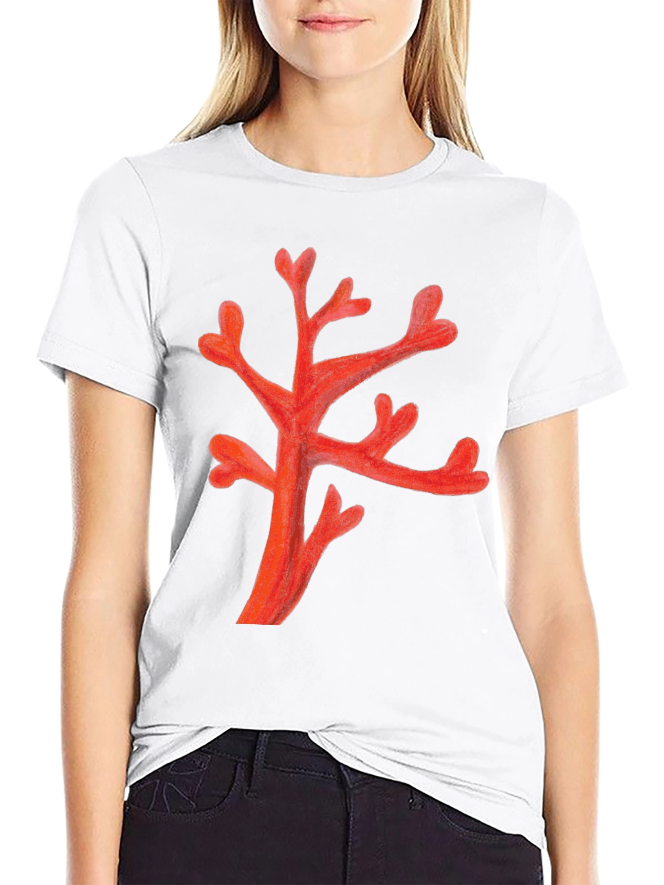 Red Coral Branch Black T-Shirt