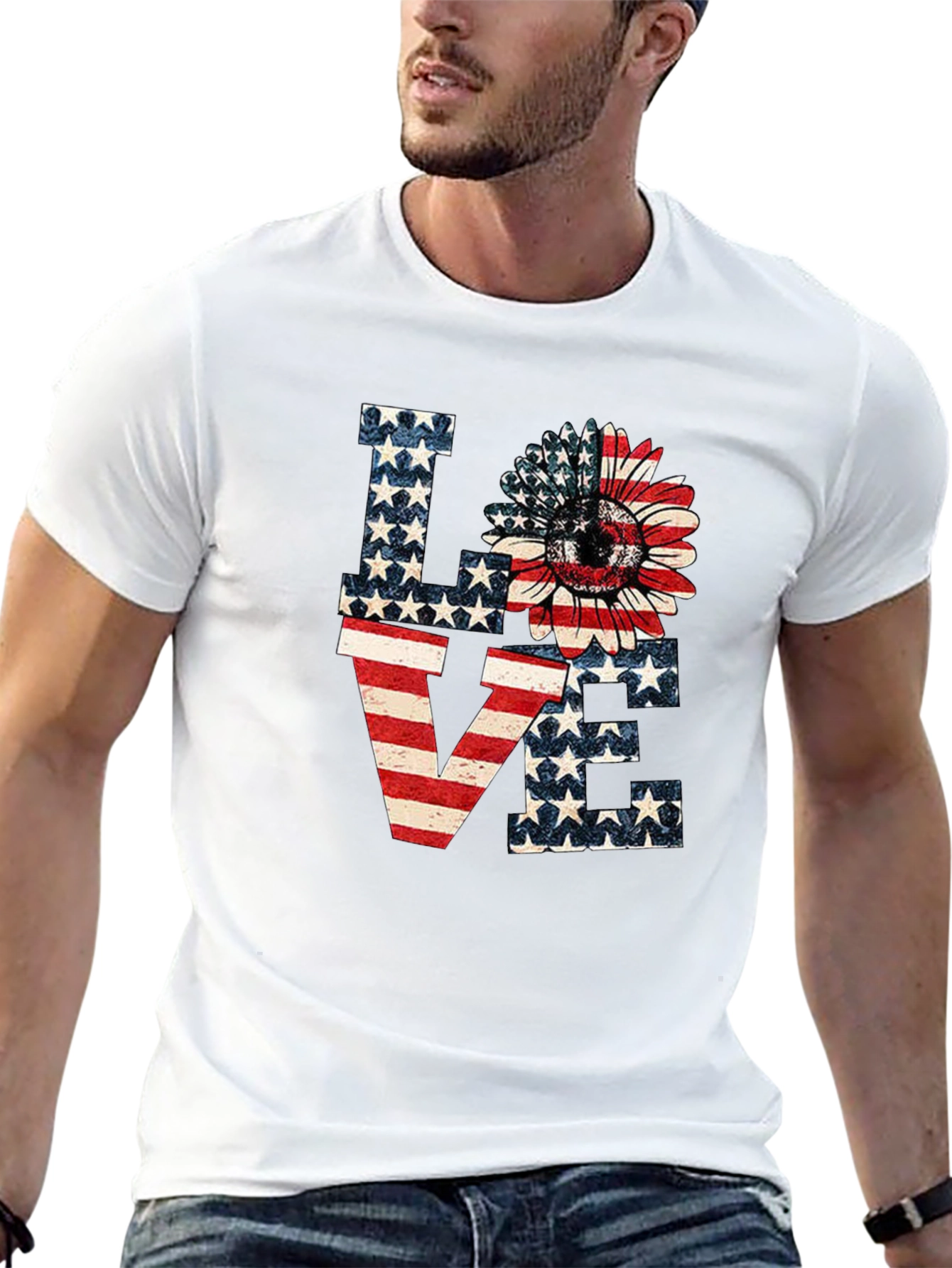 Patriotic LOVE T-Shirt: Sunflower American Flag Design