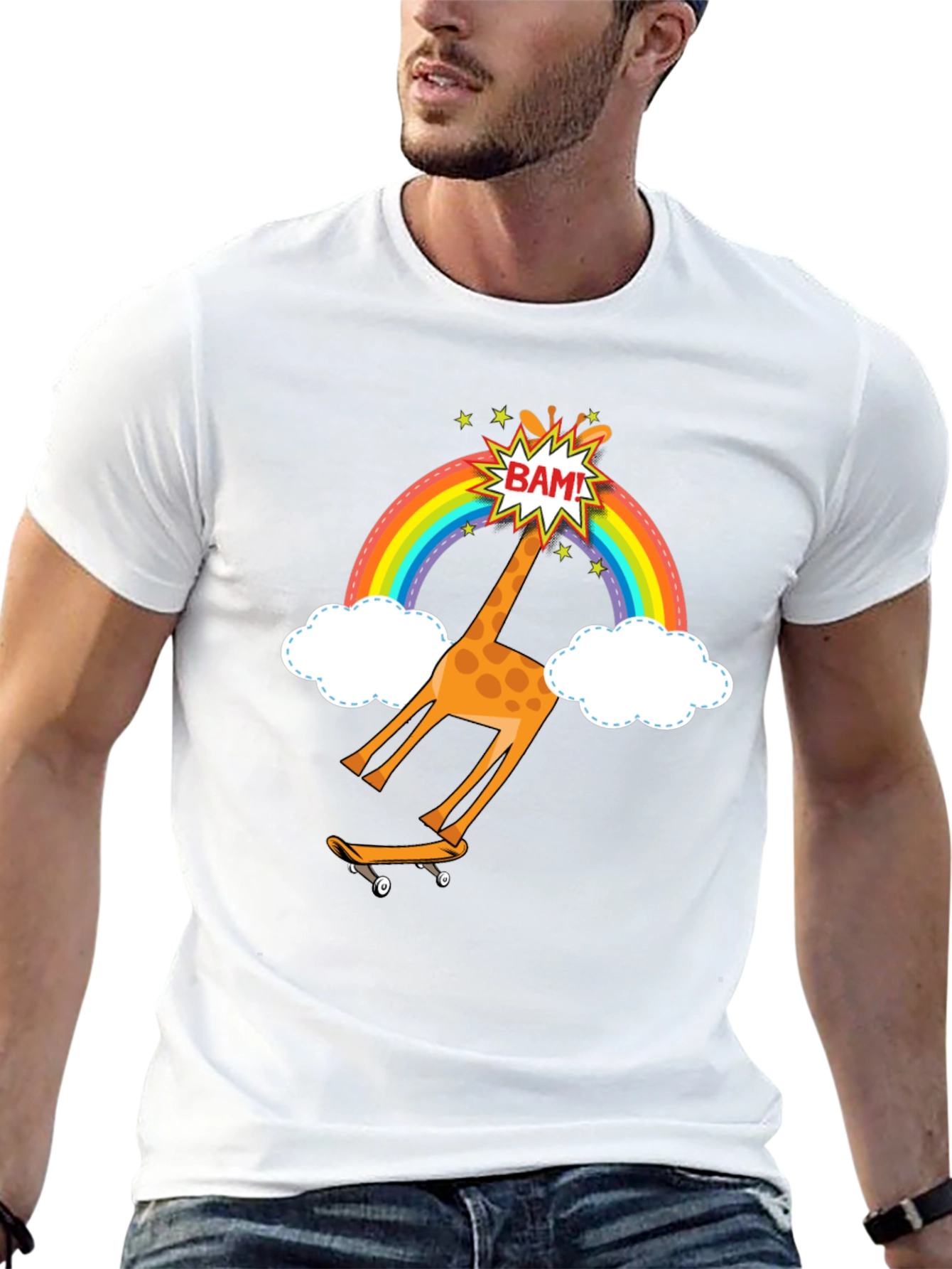 Skateboarding Giraffe Rainbow Graphic T-Shirt