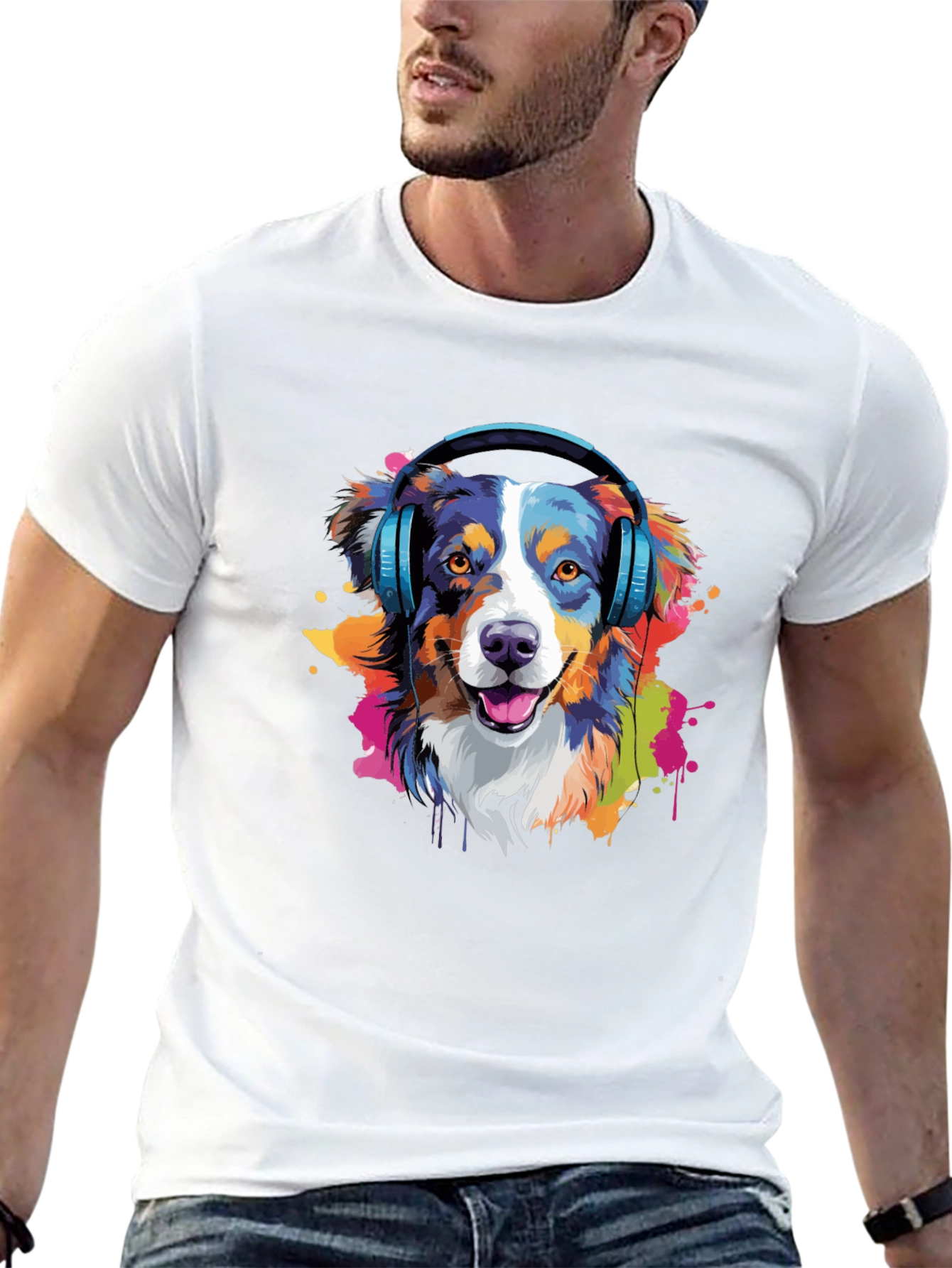 Dog with Headphones Black T-Shirt