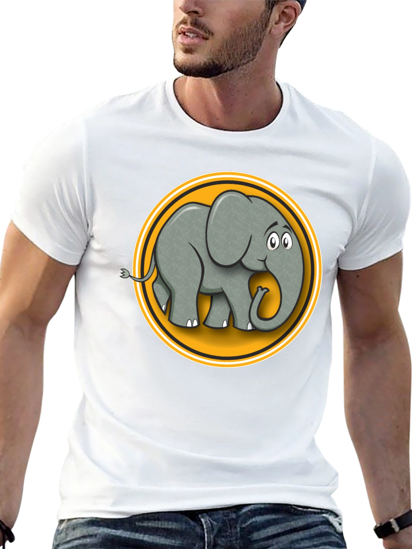 Elephant Cartoon Graphic Tee - Black Cotton T-Shirt