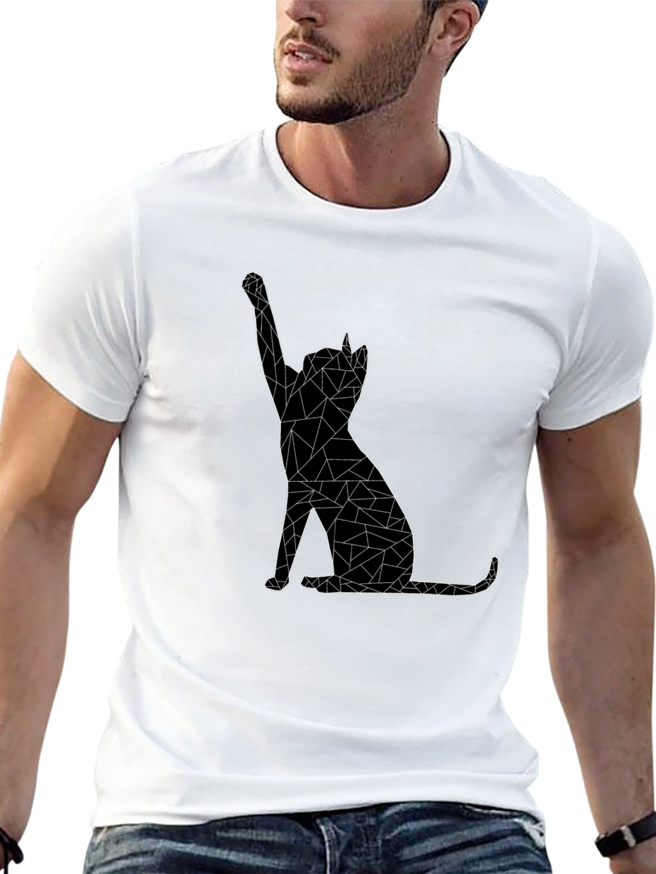 Geometric Cat Graphic Tee - Black Cotton Casual T-Shirt