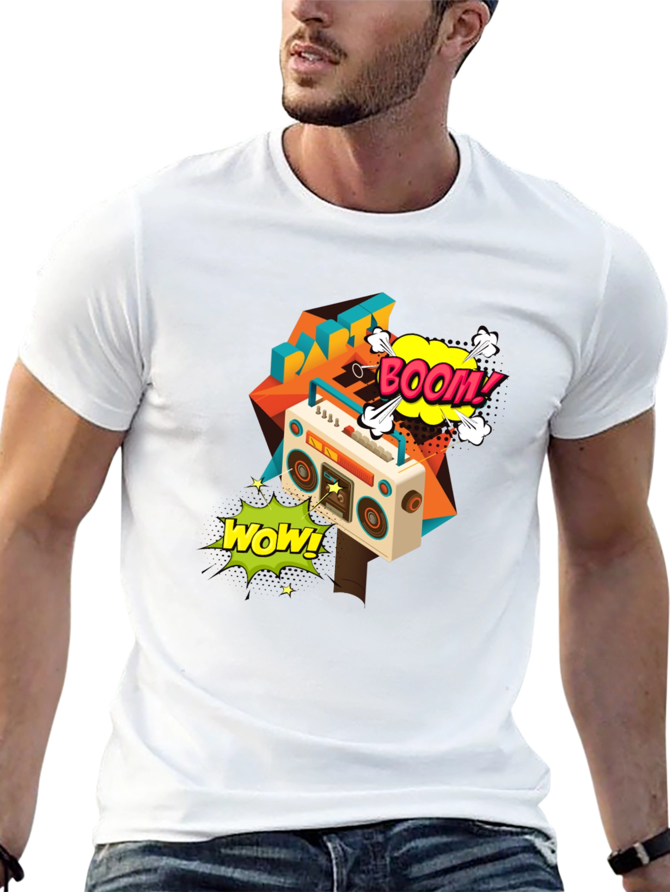 Retro Boombox Graphic Tee - Black Cotton T-Shirt