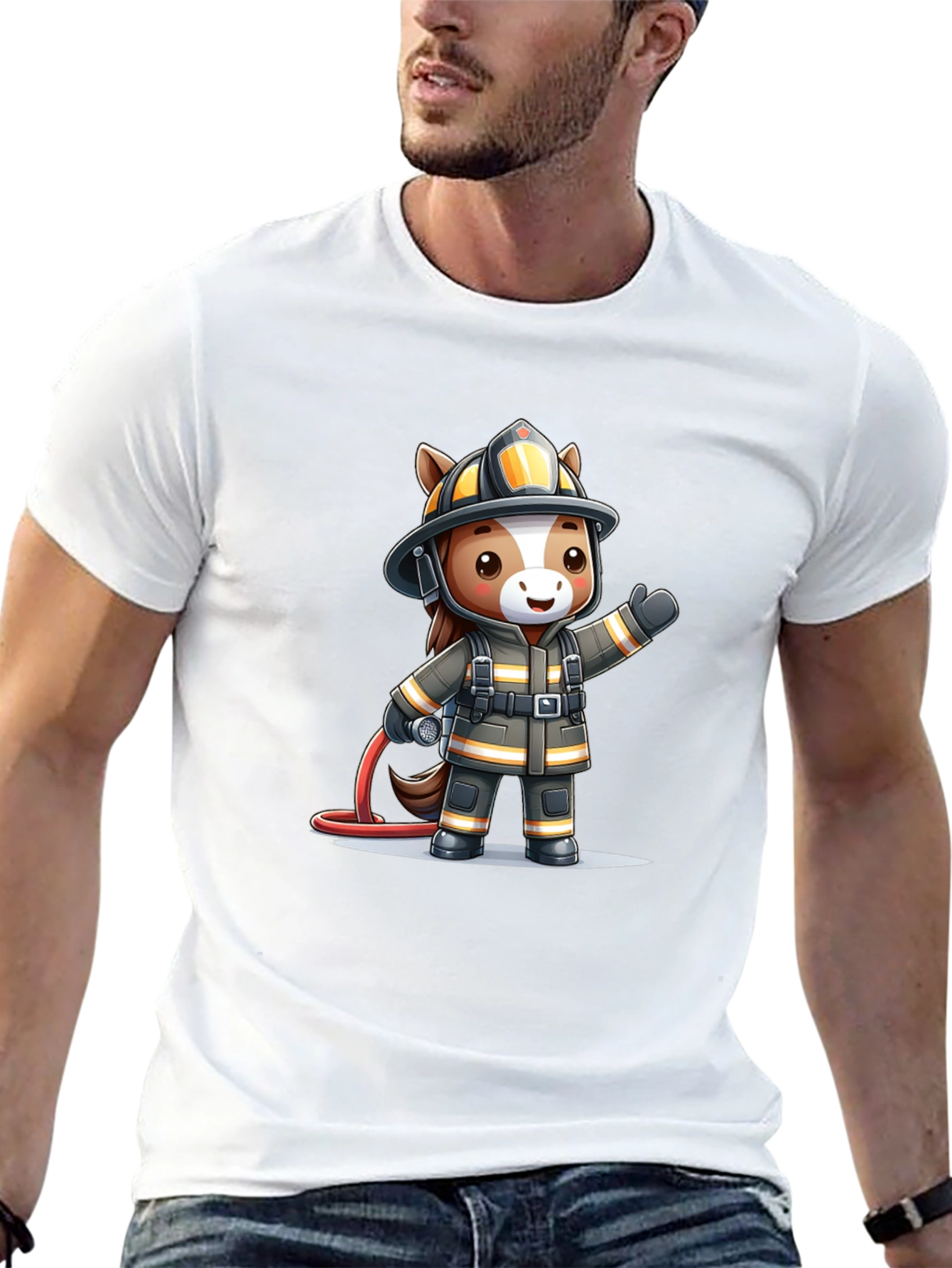 Cartoon Firefighter Horse Black T-Shirt