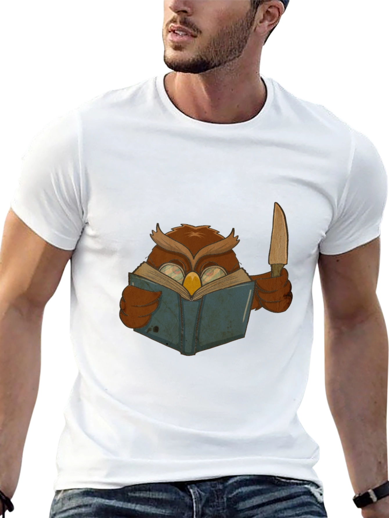 Owl Reading Book With Knife Graphic Tee