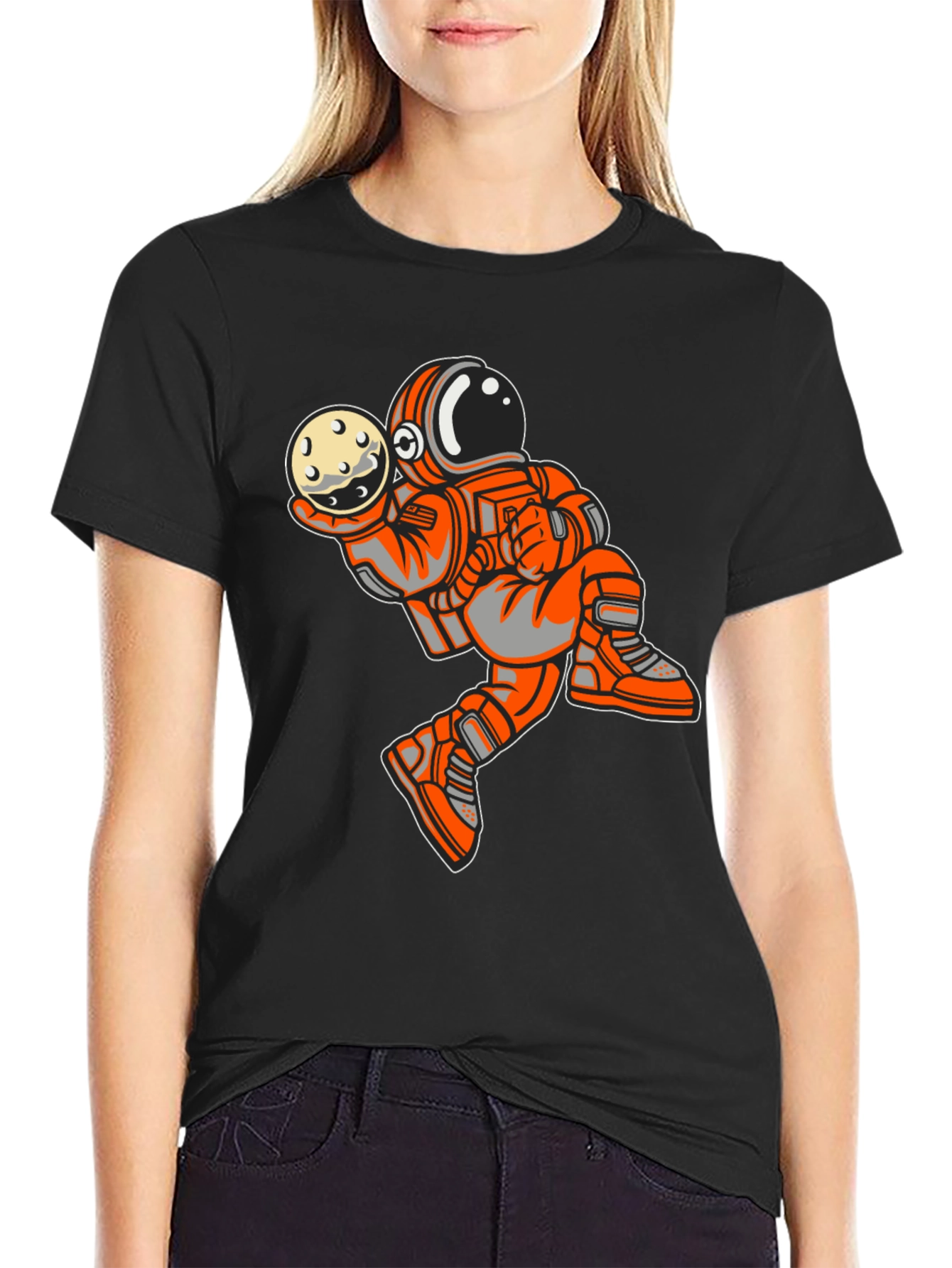 Astronaut Holding Moon Graphic Tee - Trendy Space Design