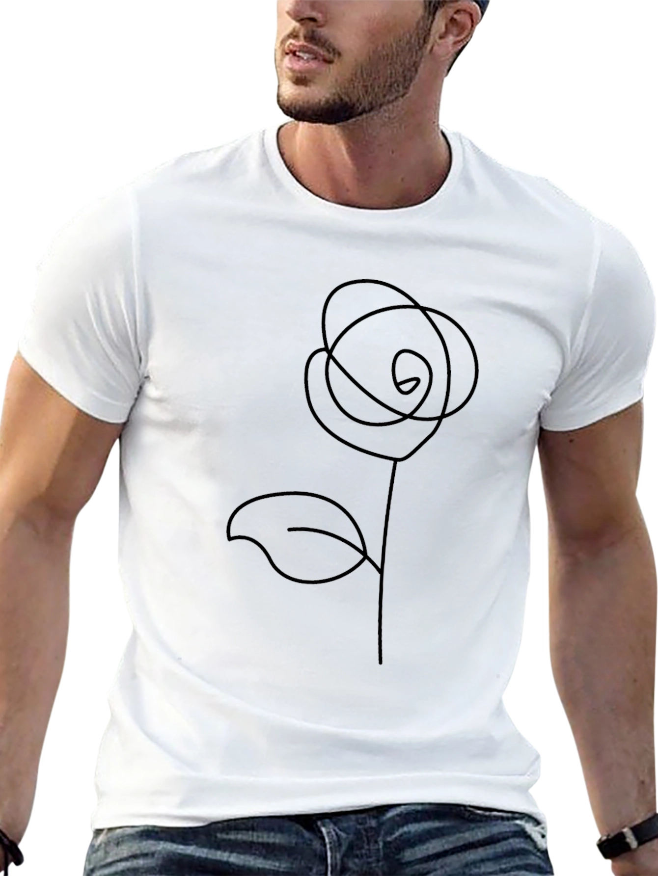 Minimalist Rose Line Art Black T-Shirt