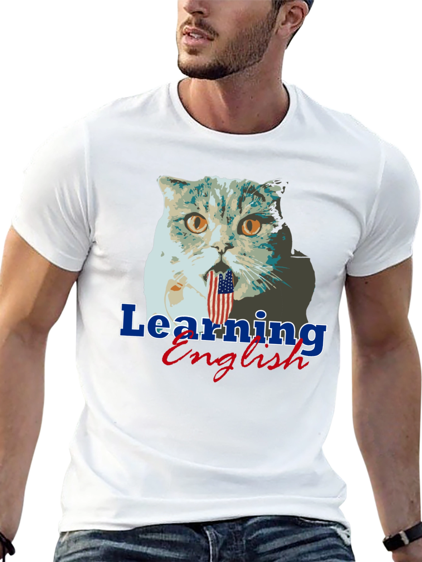 Funny Cat Learning English Graphic Tee