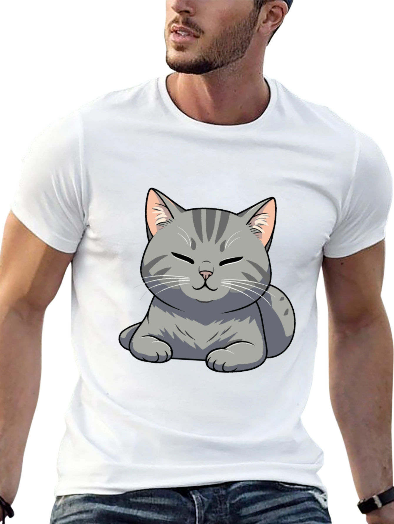 Cute Cat Graphic Tee - Black Cotton T-Shirt