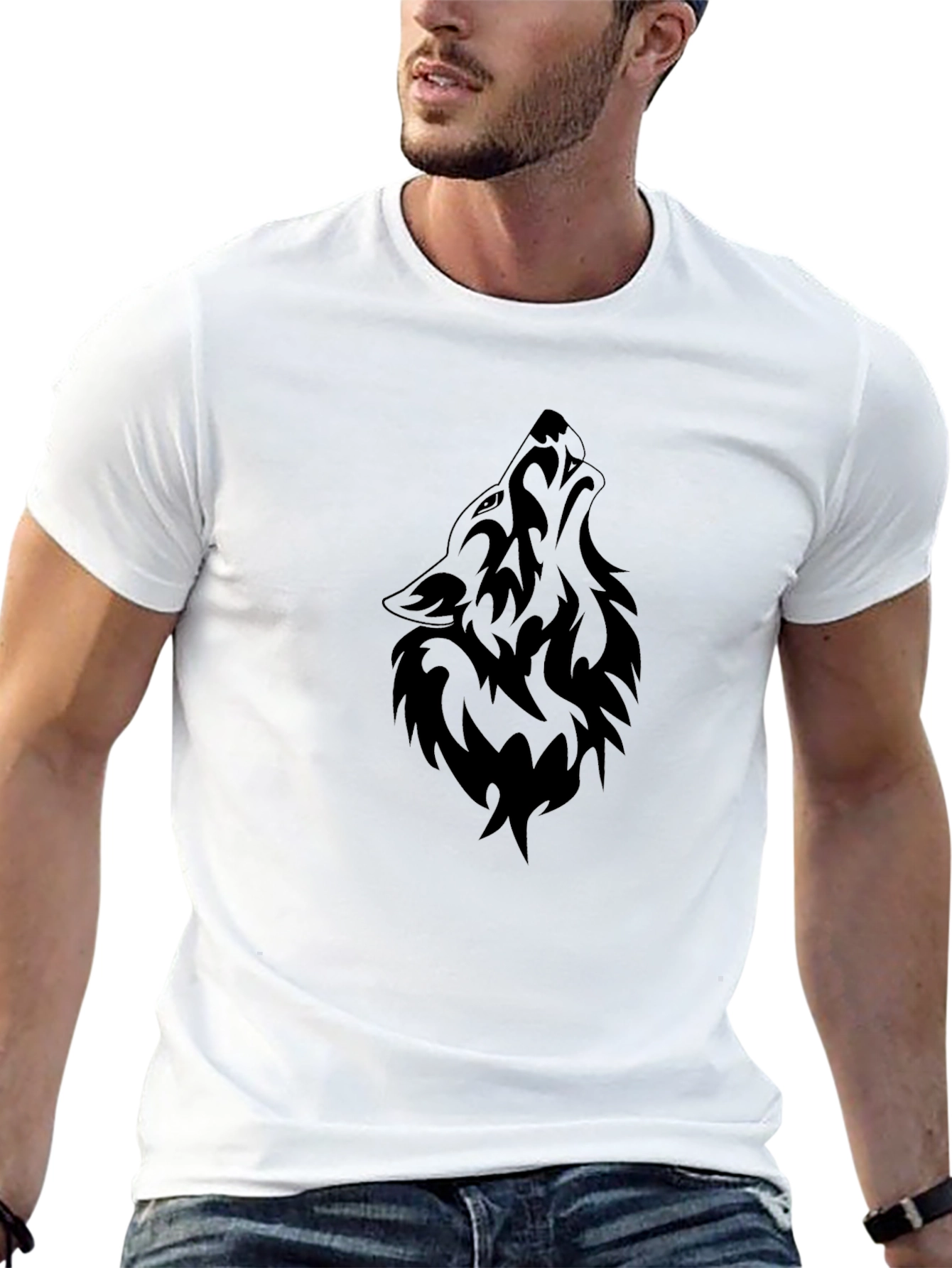 Mens Black T-Shirt - Wolf Tribal Design