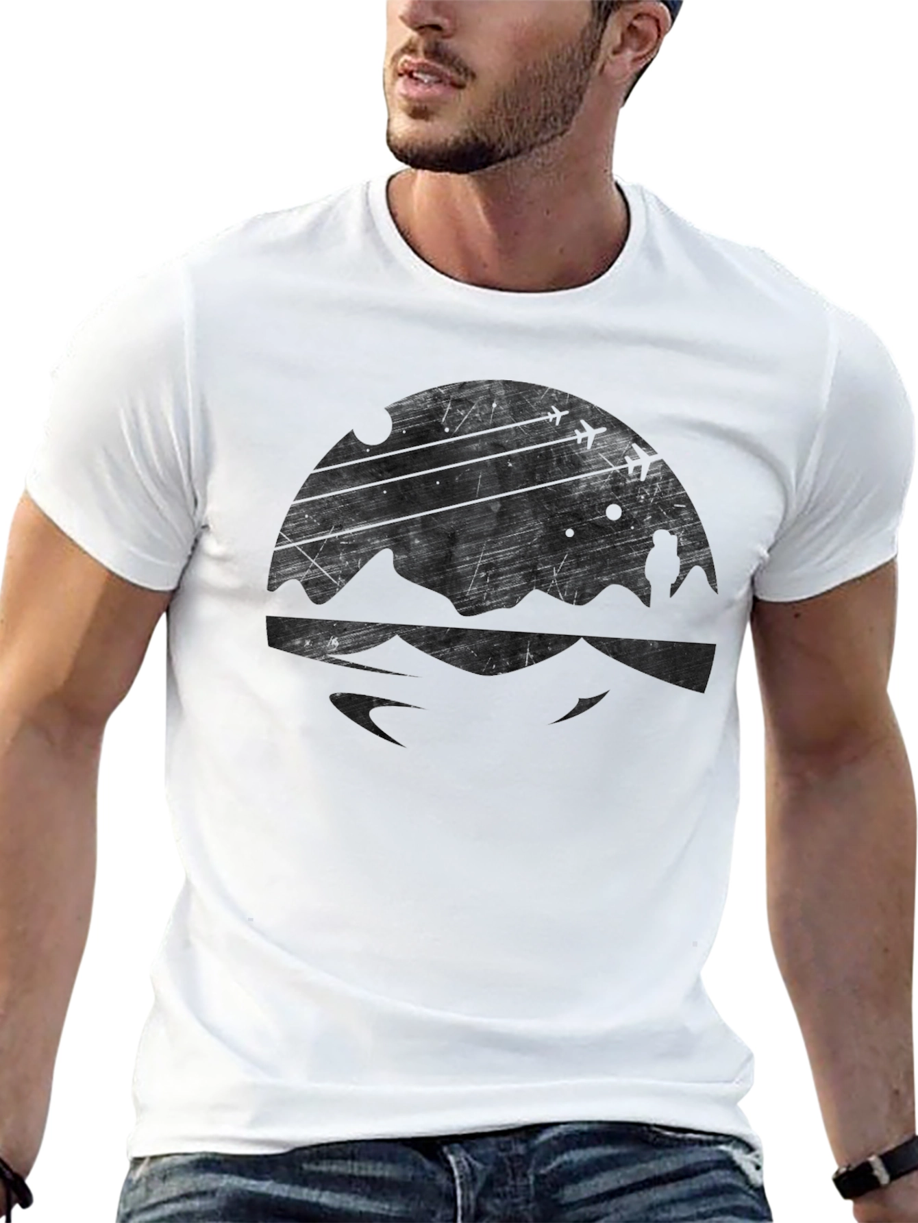 Mens Black Graphic Tee - Mountain & Airplane Design