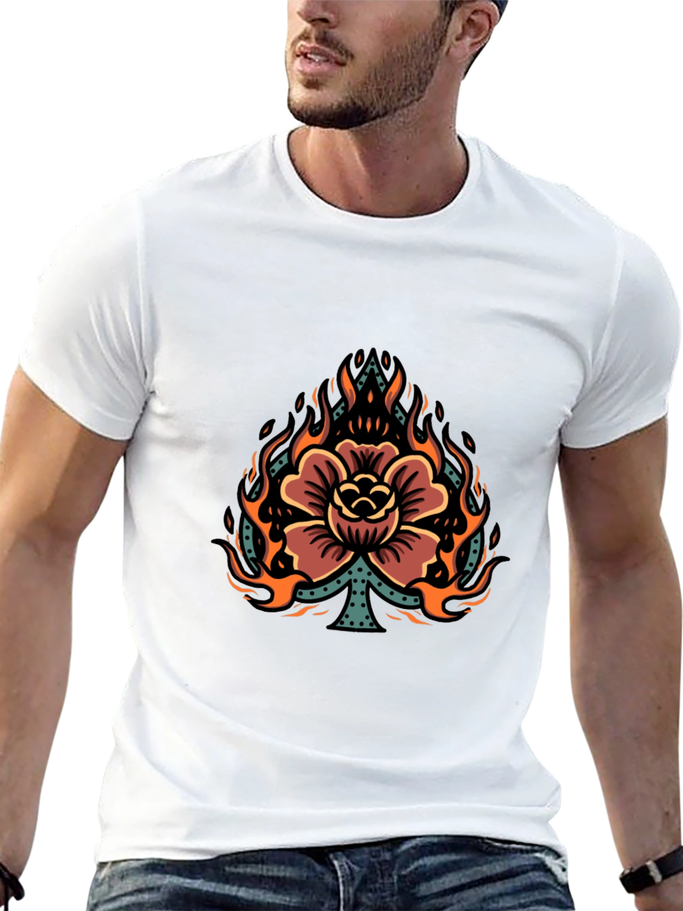 Flaming Spade Flower Graphic Tee - Black