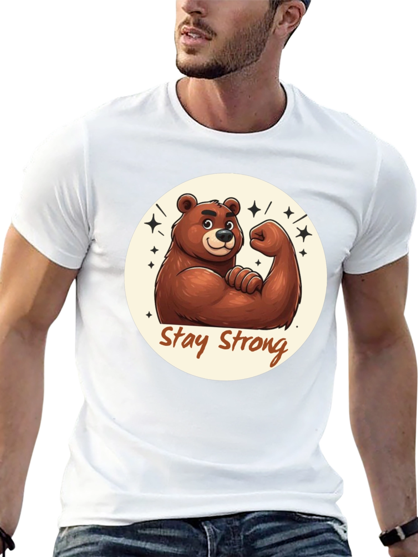 Stay Strong Bear T-Shirt - Black Crew Neck Tee