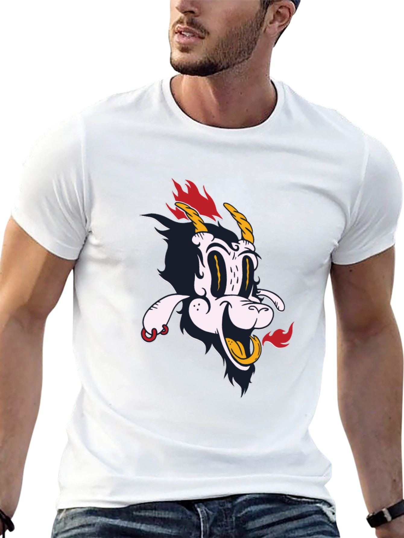 Cartoonish Goat Head Graphic Print Black Tee