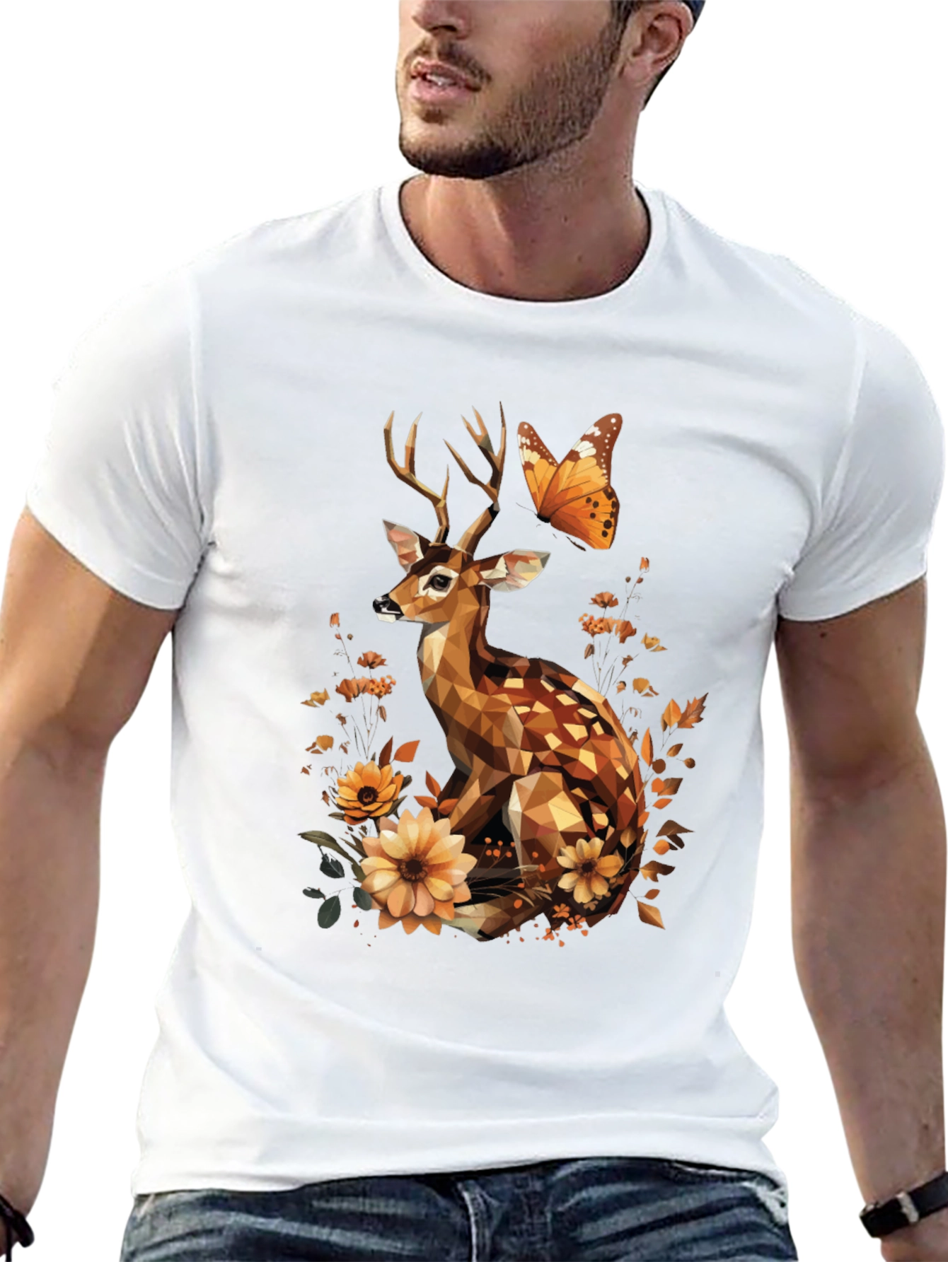 Geometric Deer & Butterfly Graphic T-Shirt
