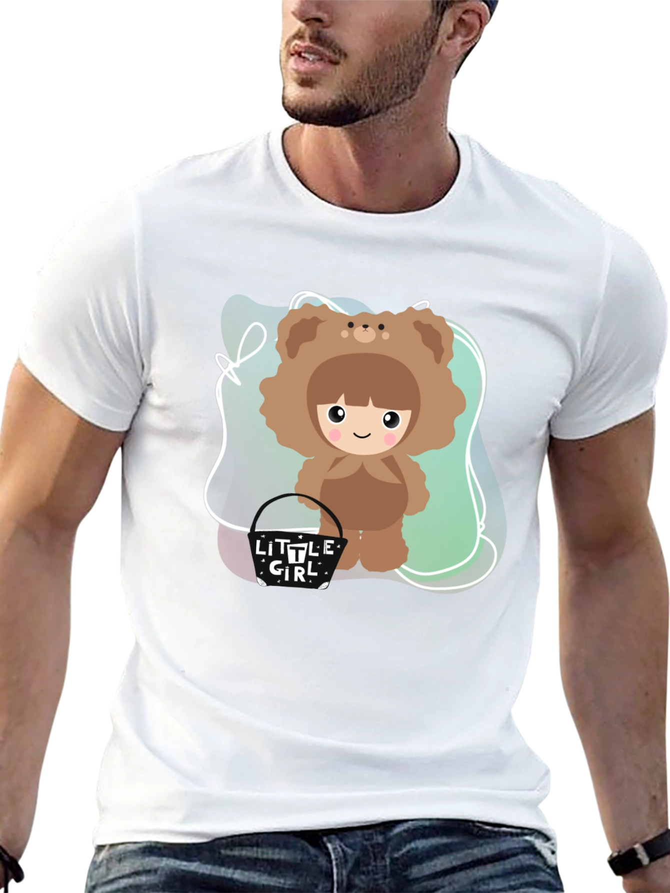 Cute Cartoon Girl Bear Costume Black T-Shirt
