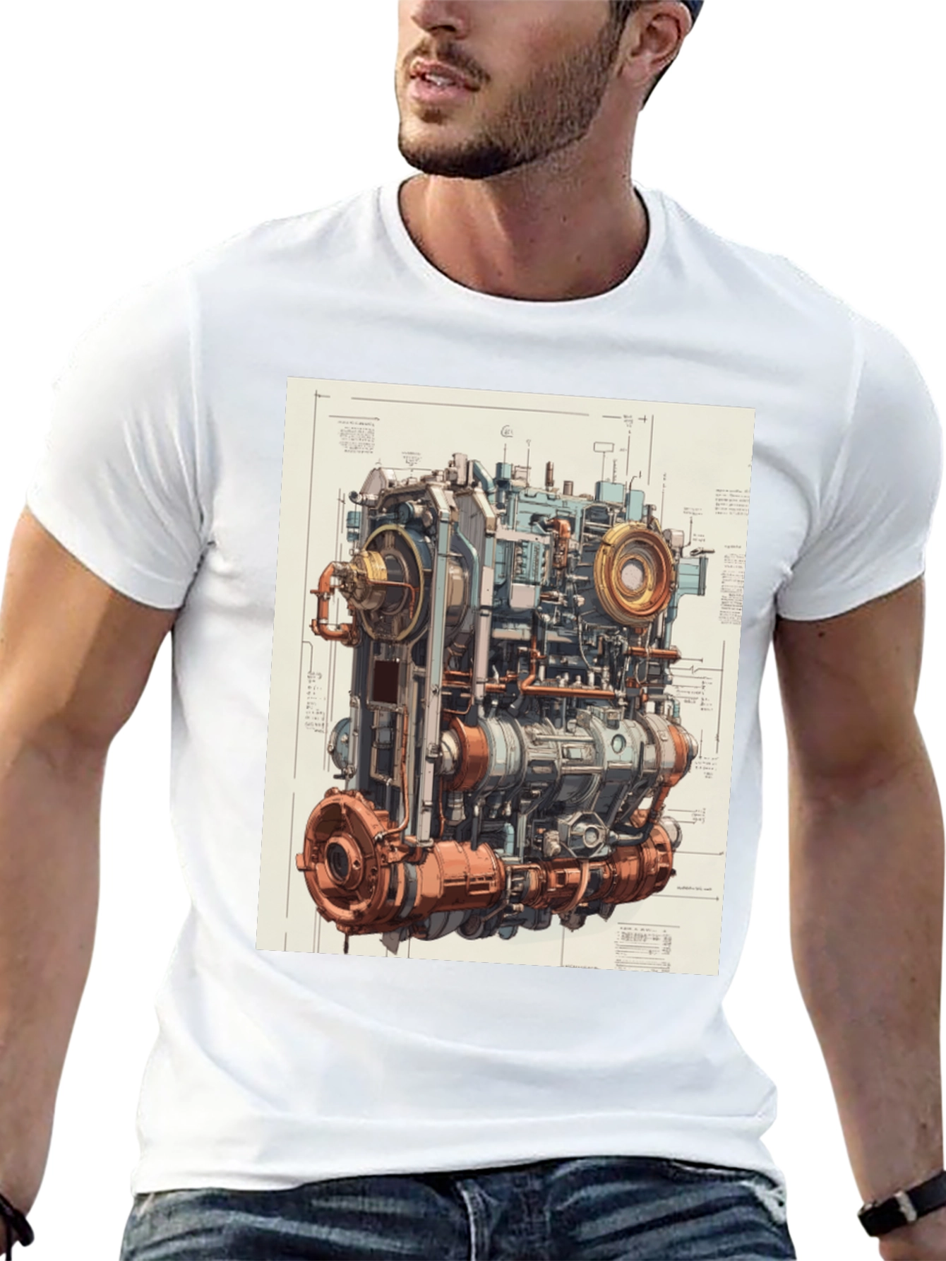 Steampunk Engine Blueprint Graphic T-Shirt