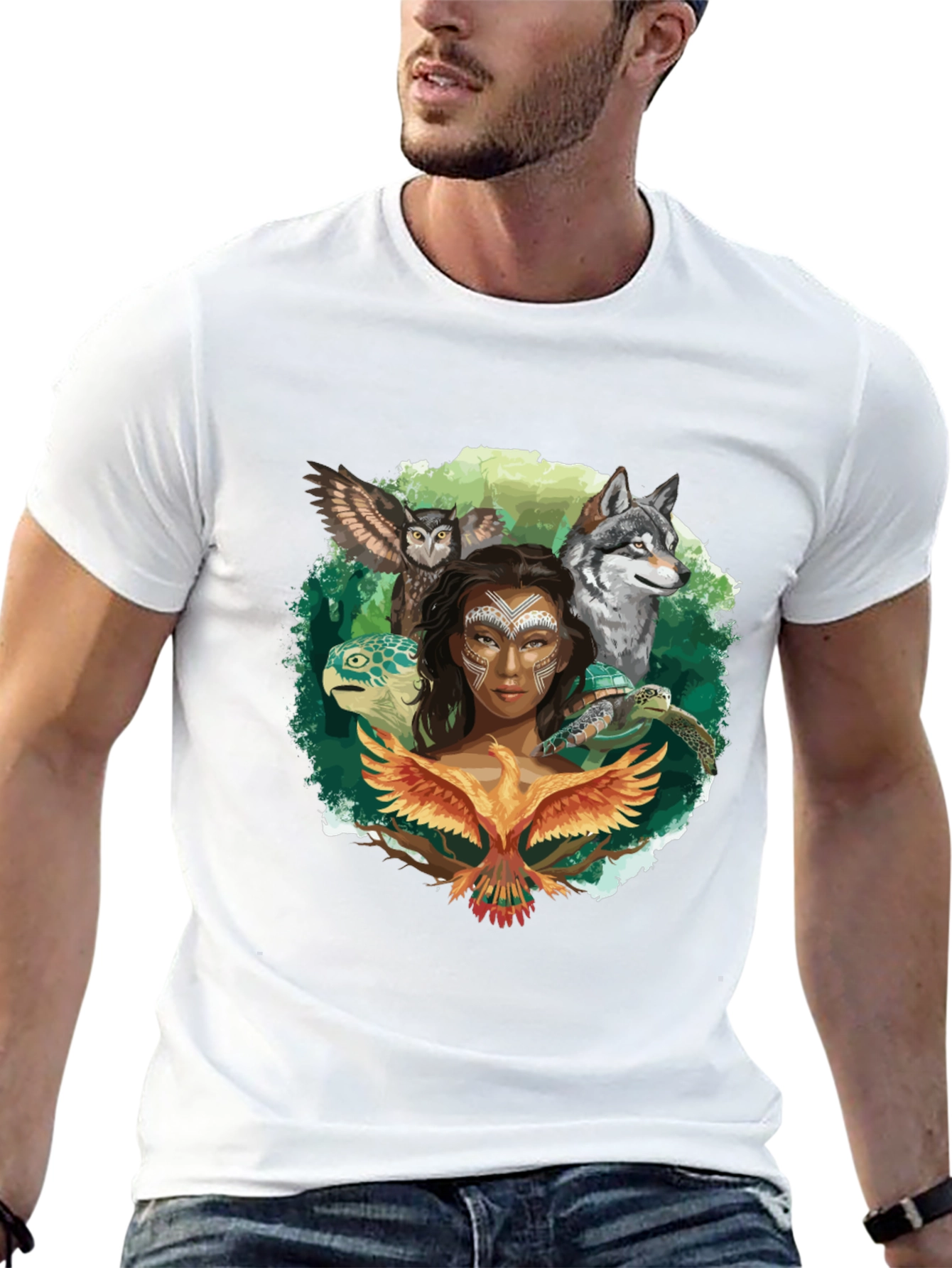 Native Spirit T-Shirt - Owl Wolf Turtle Phoenix Design