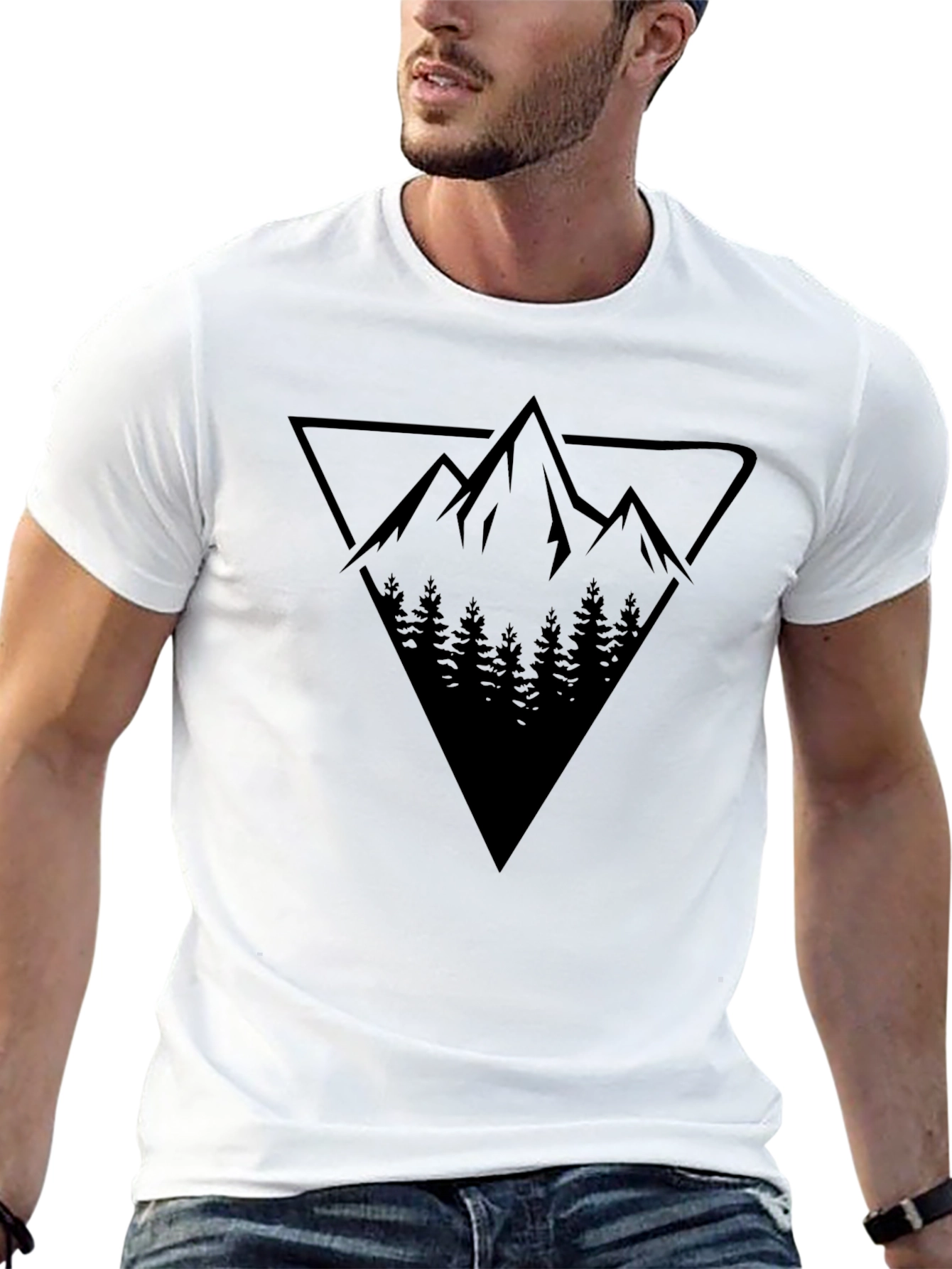 Geometric Mountain & Forest Graphic Tee - Black