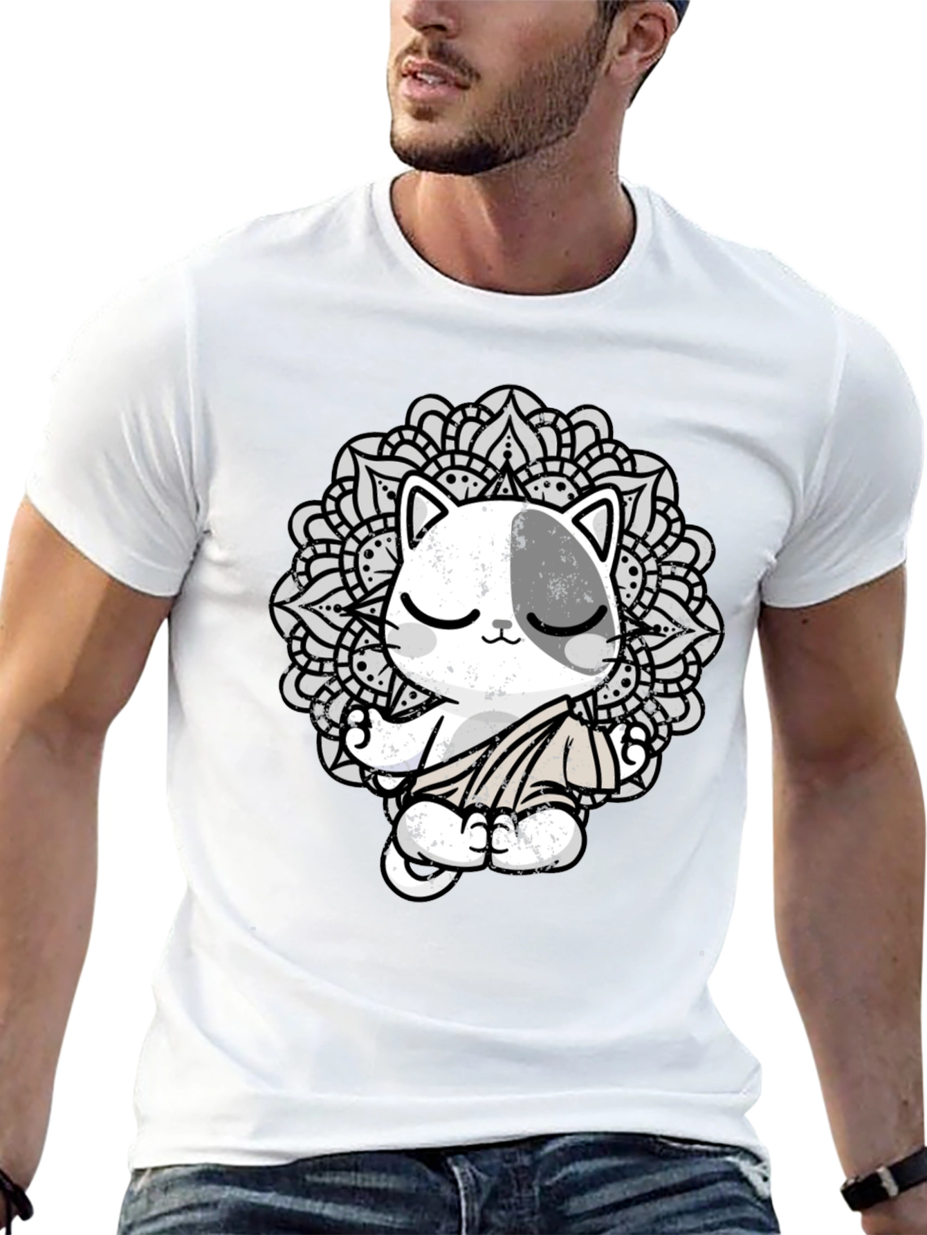 Zen Cat Mandala T-Shirt - Black
