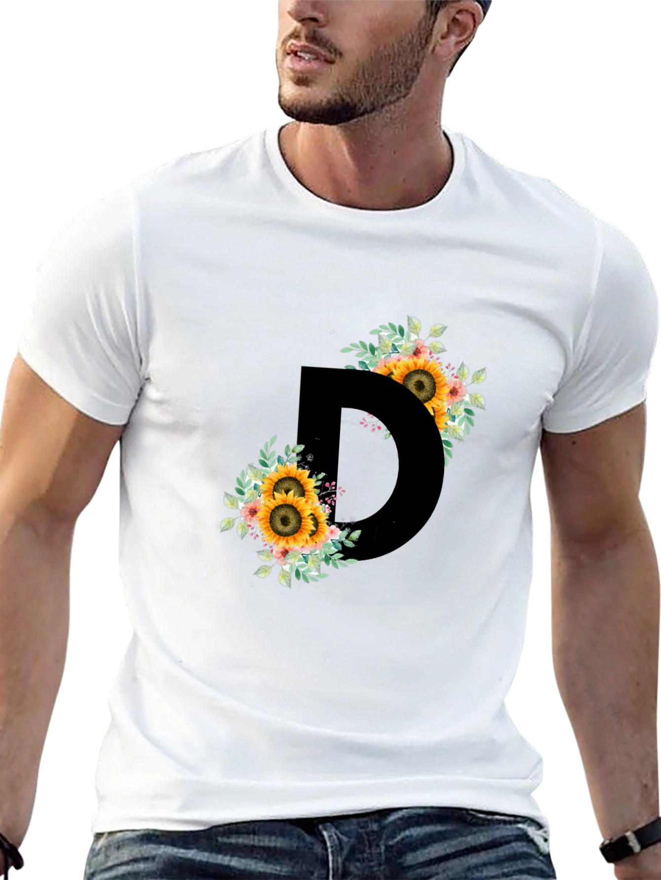 Floral Letter D Black T-Shirt