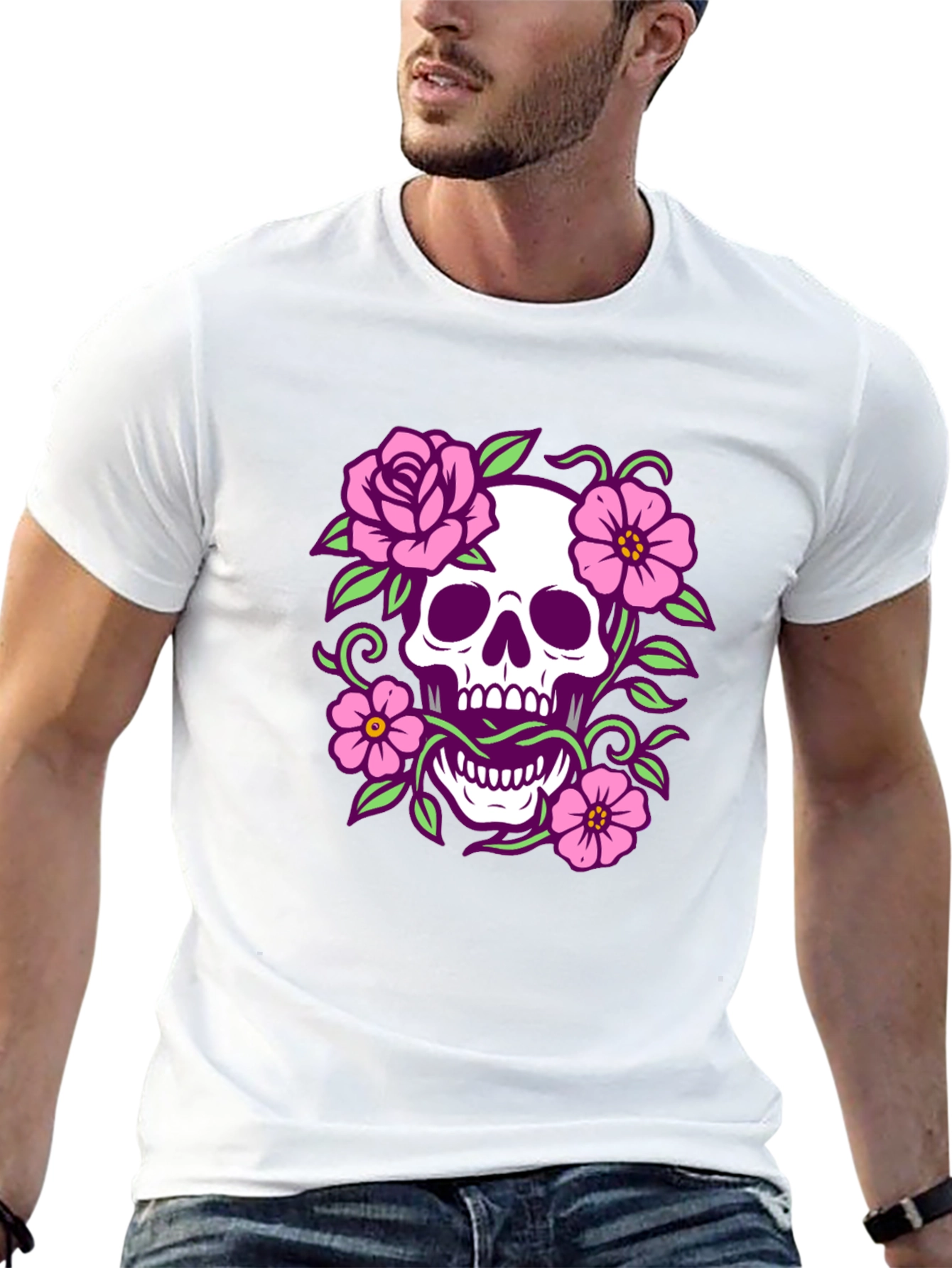 Floral Skull Graphic Tee - Black