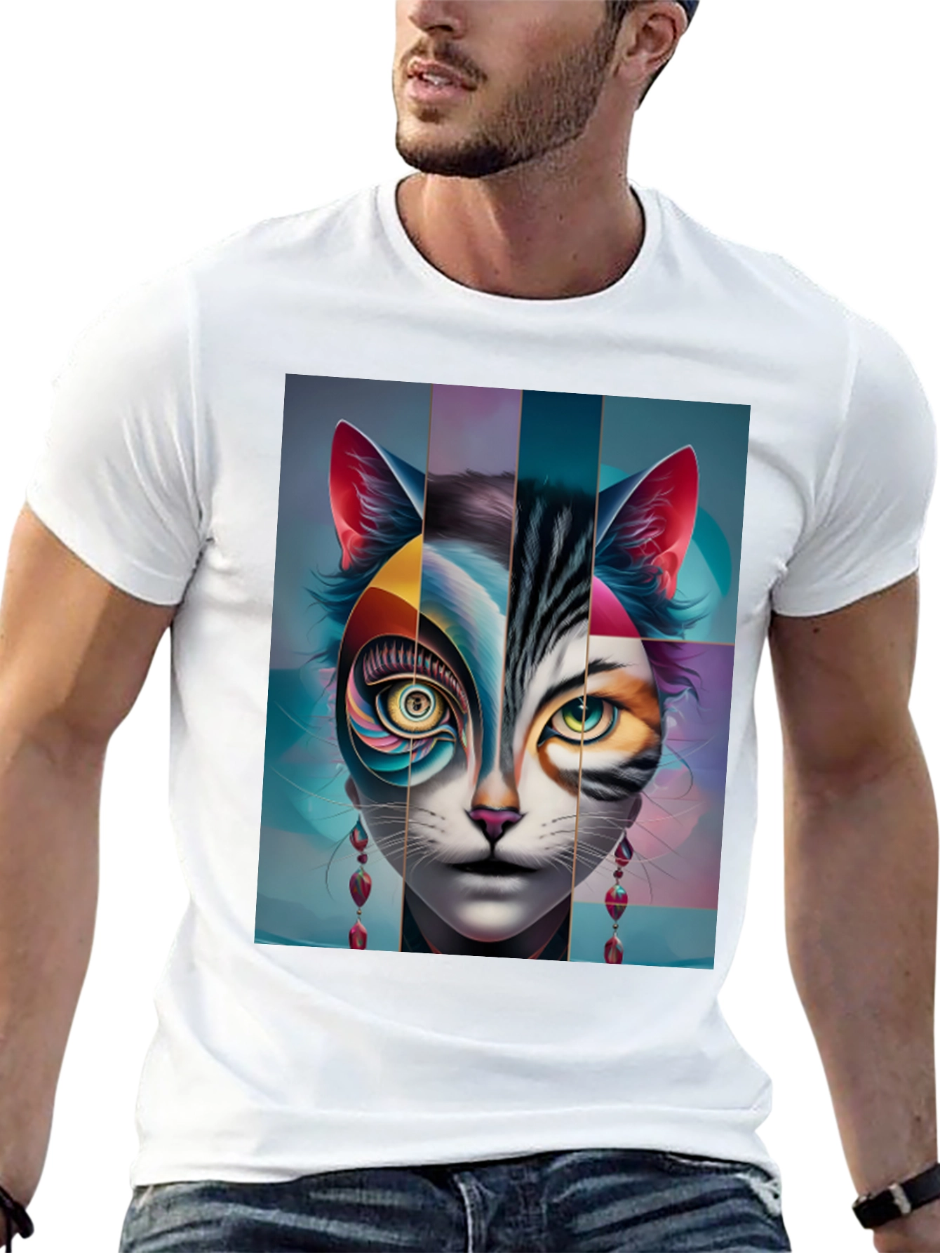 Artistic Cat Face Graphic Tee - Black