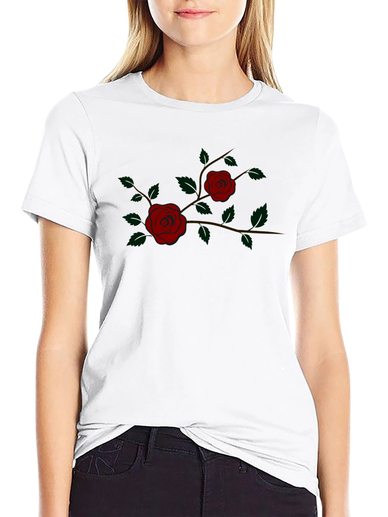 Black T-Shirt with Rose Branch Design
