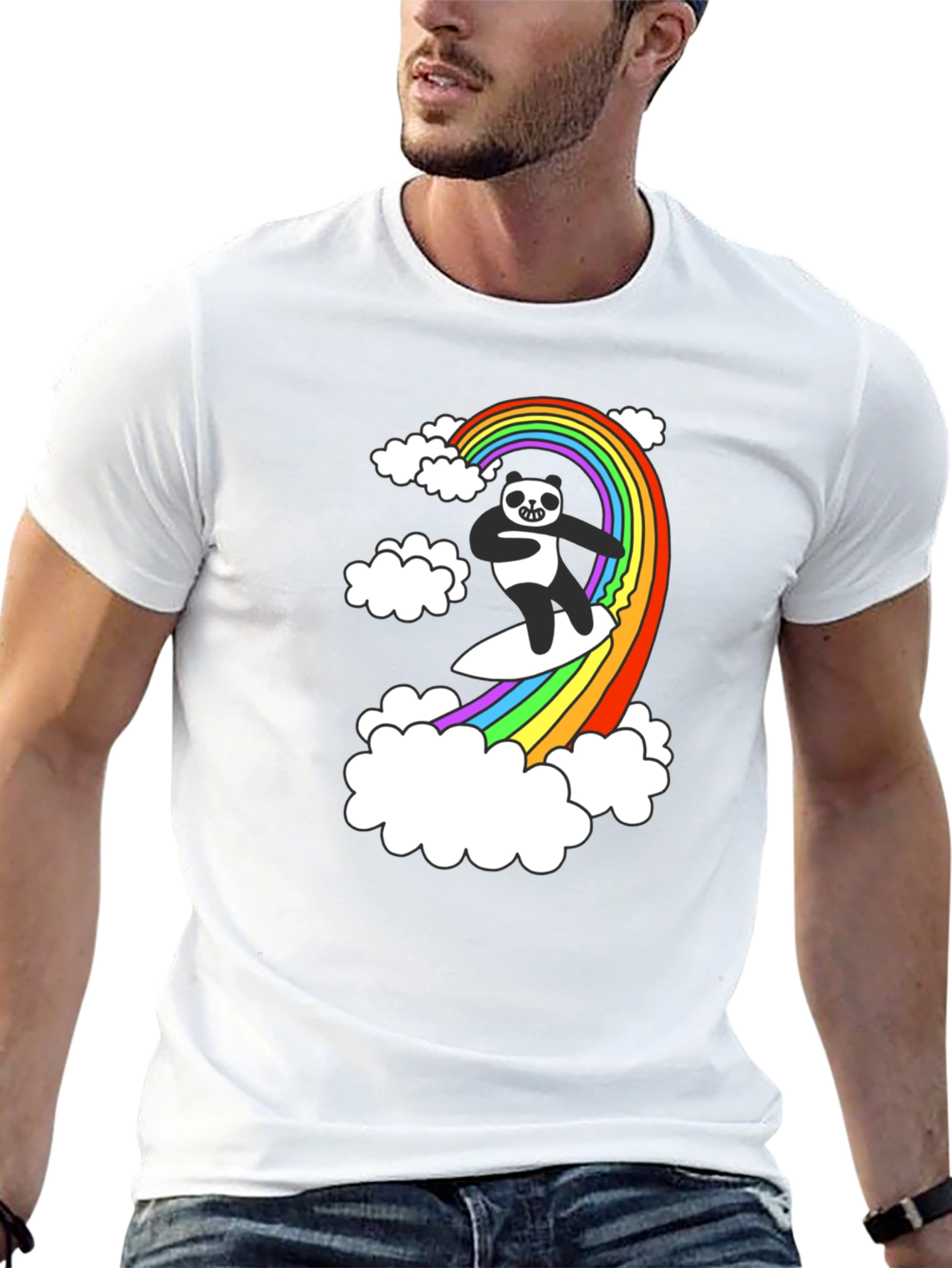 Rainbow Panda Surfing T-Shirt - Black