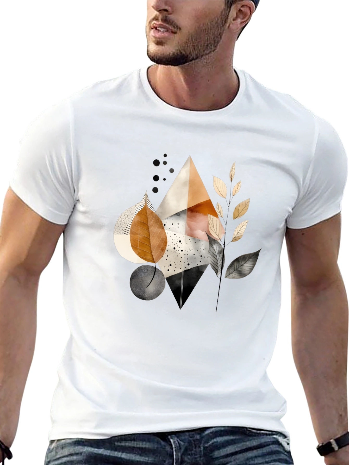 Abstract Geometric Leaf Print Black Tee