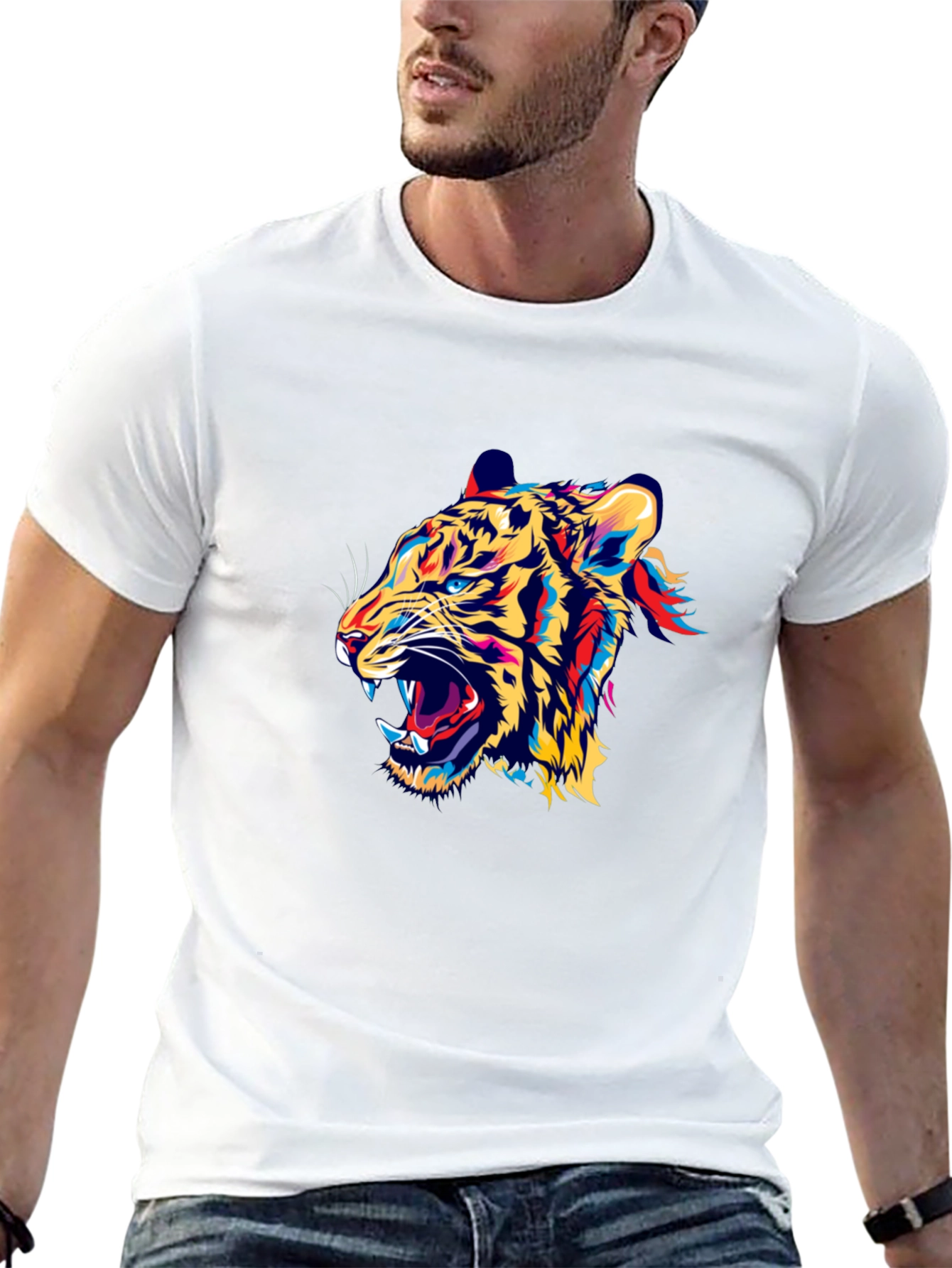 Bold Tiger Graphic Print Black Crew Neck T-Shirt