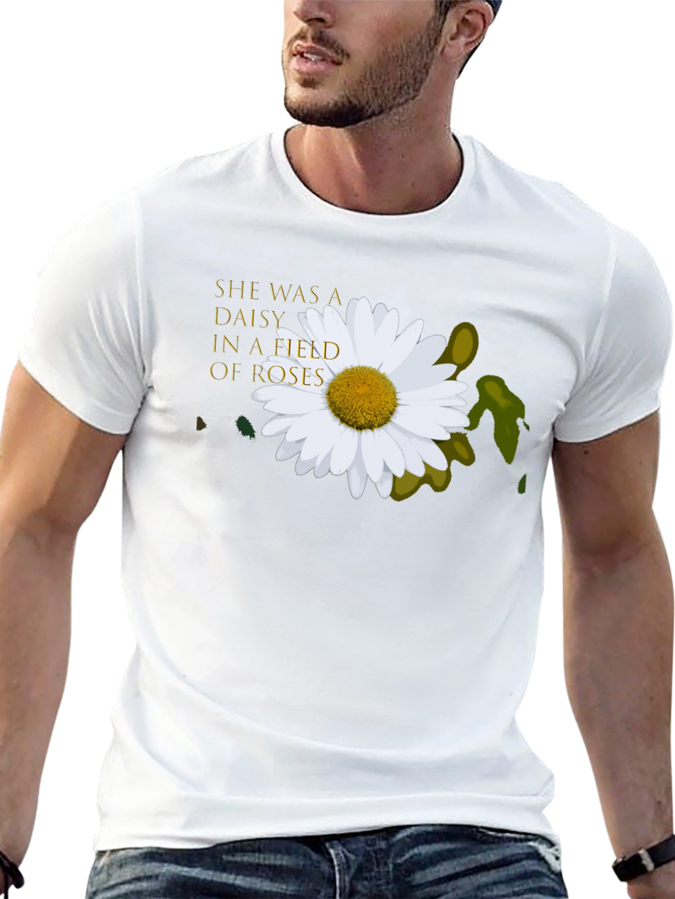 Daisy In A Field of Roses Black T-Shirt