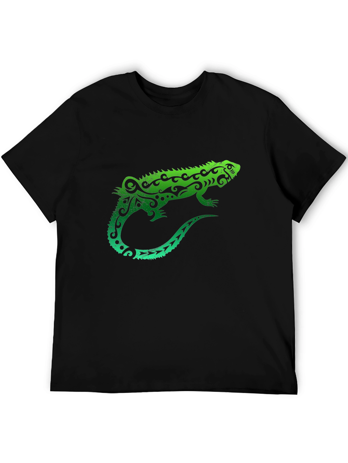 Tribal Green Lizard Print Black T-Shirt