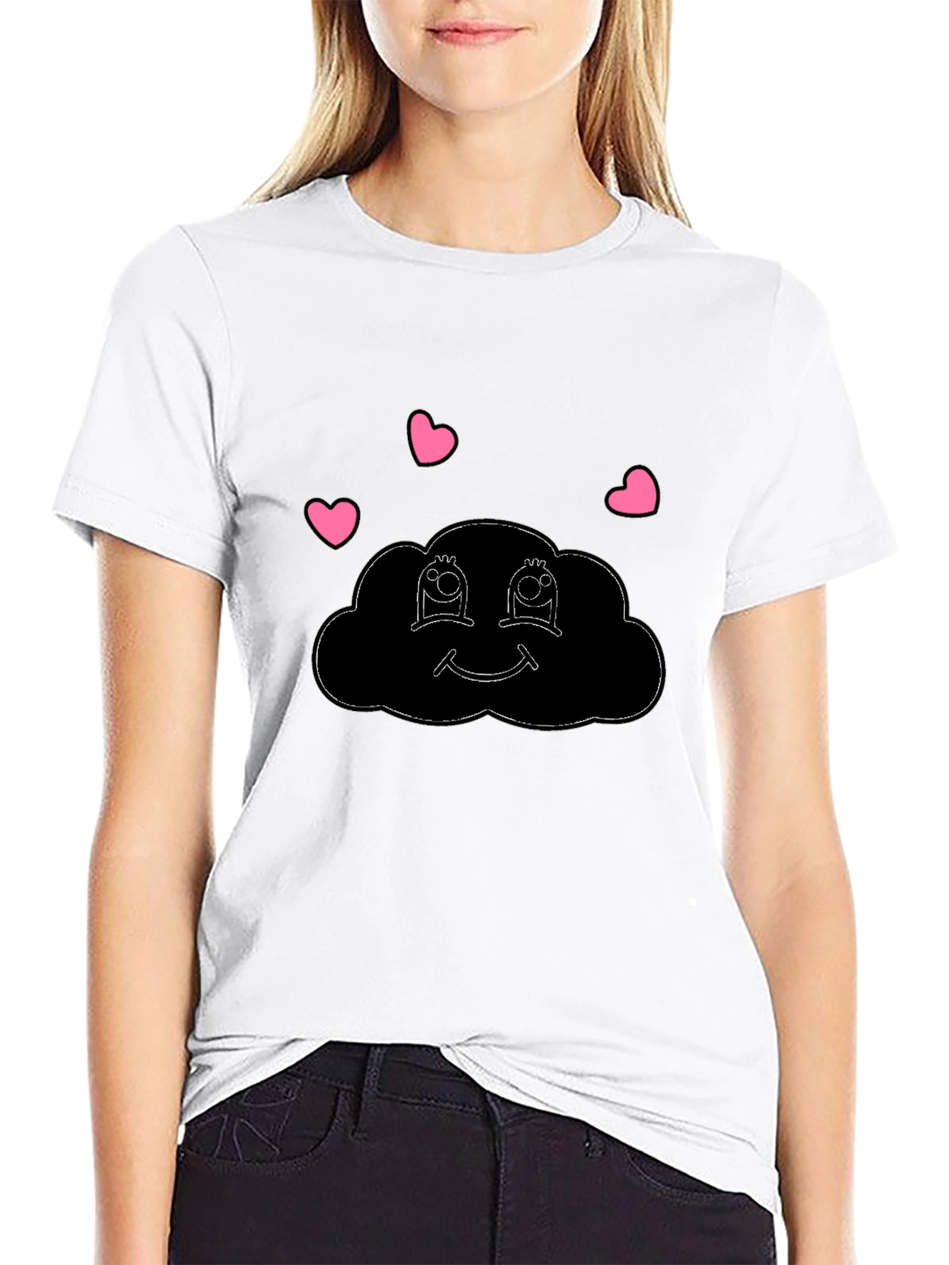Cute Cartoon Cloud Heart T-Shirt - Black